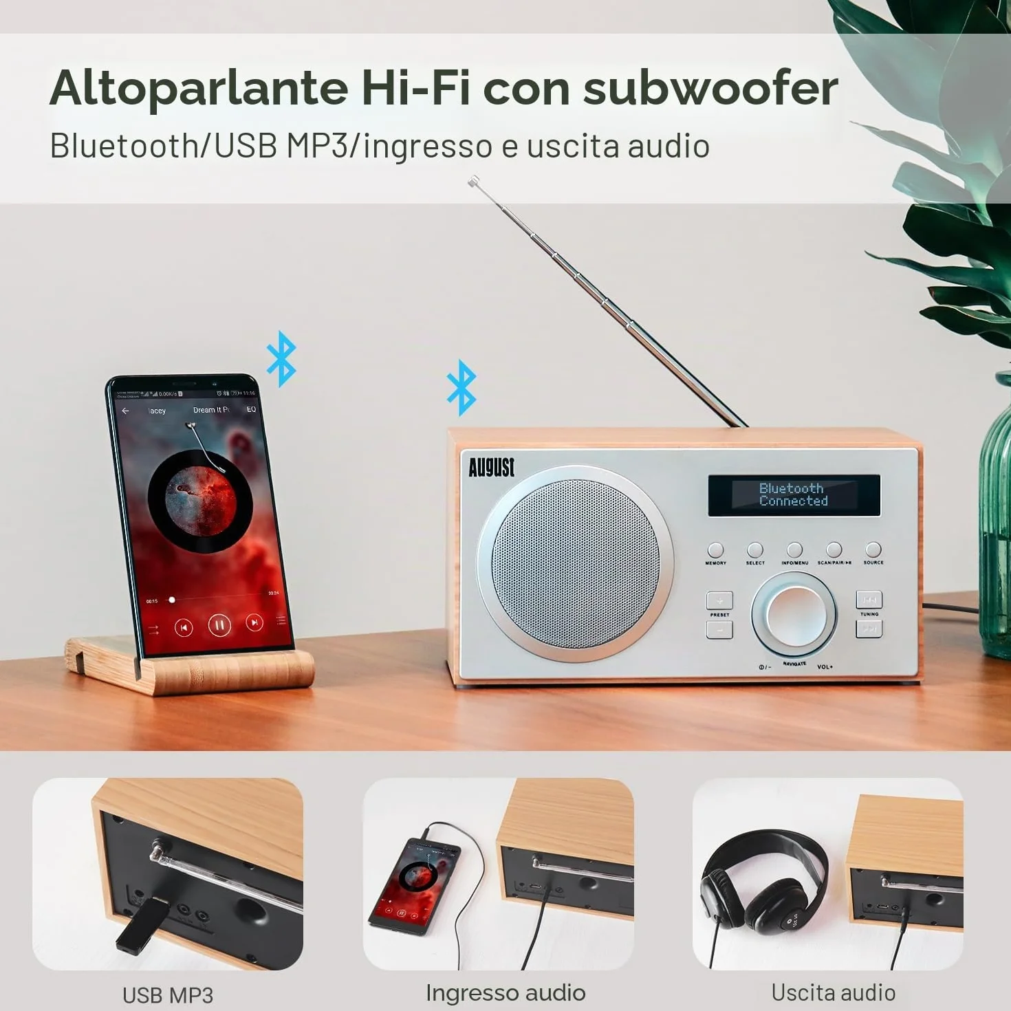 August MB420 Radio DAB/DAB+/FM, Radiosveglia Bluetooth, Subwoofer 5W, USB/Aux - Quercia