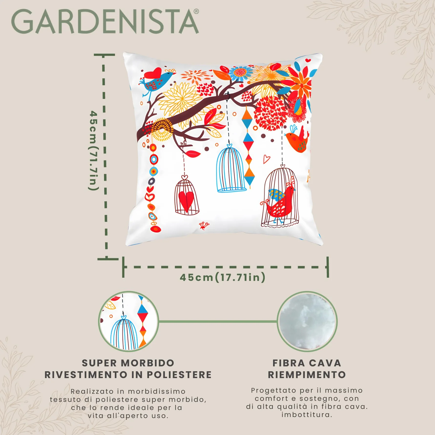 Gardenista Cuscini Decorativo per Esterni/Interni | Resistente all'acqua Stampato Federe Cuscini Divano con Riempimento | Leggeri Cuscino Scatter per Divano Giardino Sedia 45X45cm(Canto degli uccelli)