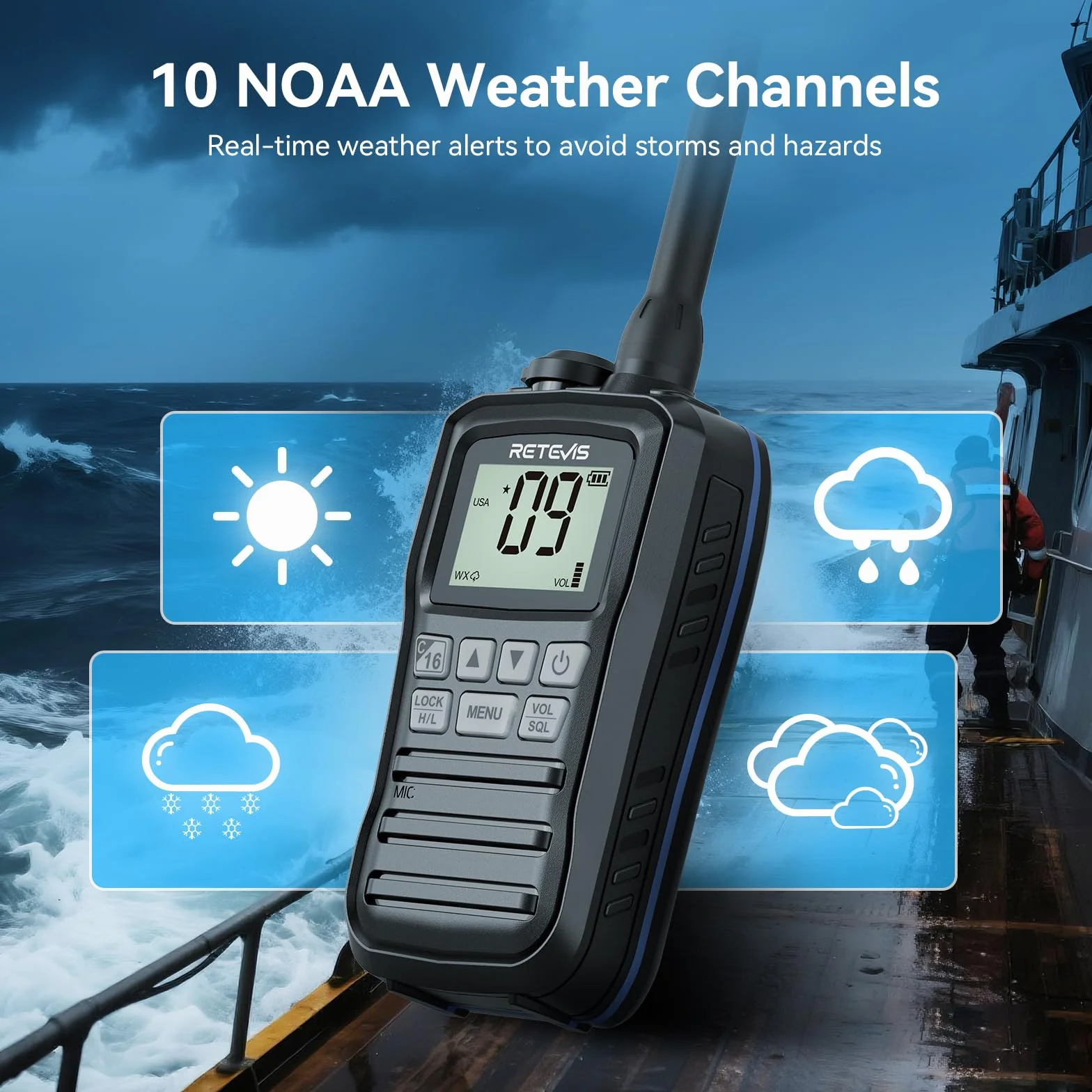 Retevis RM01P Marine Walkie Talkie IP67 Impermeabile VHF 88 Canali 1750mAh Tipo C Nero