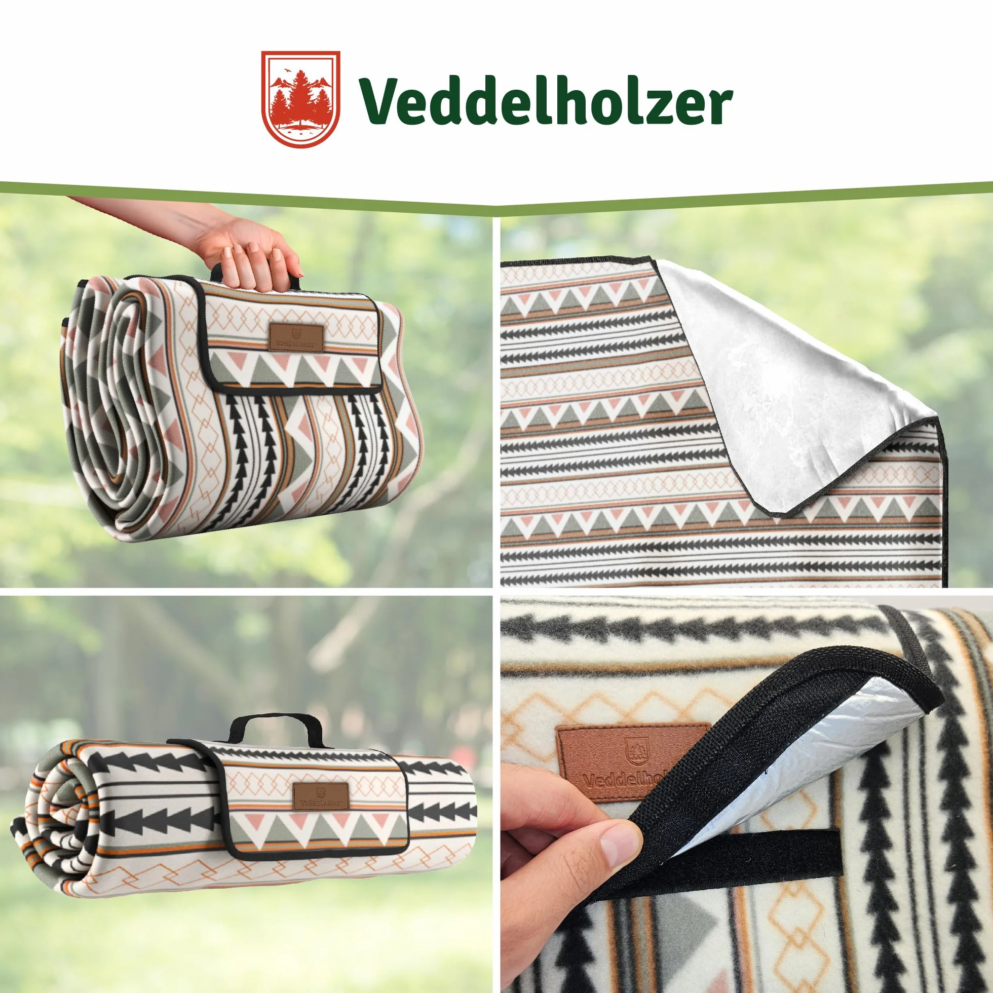 Coperta da picnic Boho impermeabile 200 x 200 cm Veddelholzer XXL isolata e imbottita