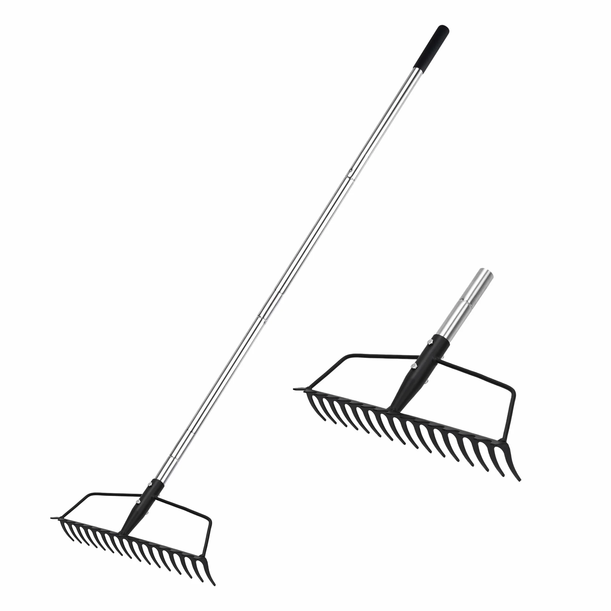 YEELOR- Rastrello da giardino, in acciaio al carbonio, robusto e resistente, rastrello ad arco con manico regolabile in acciaio inox, rastrello a mano lunga per allentare il terreno livellando il