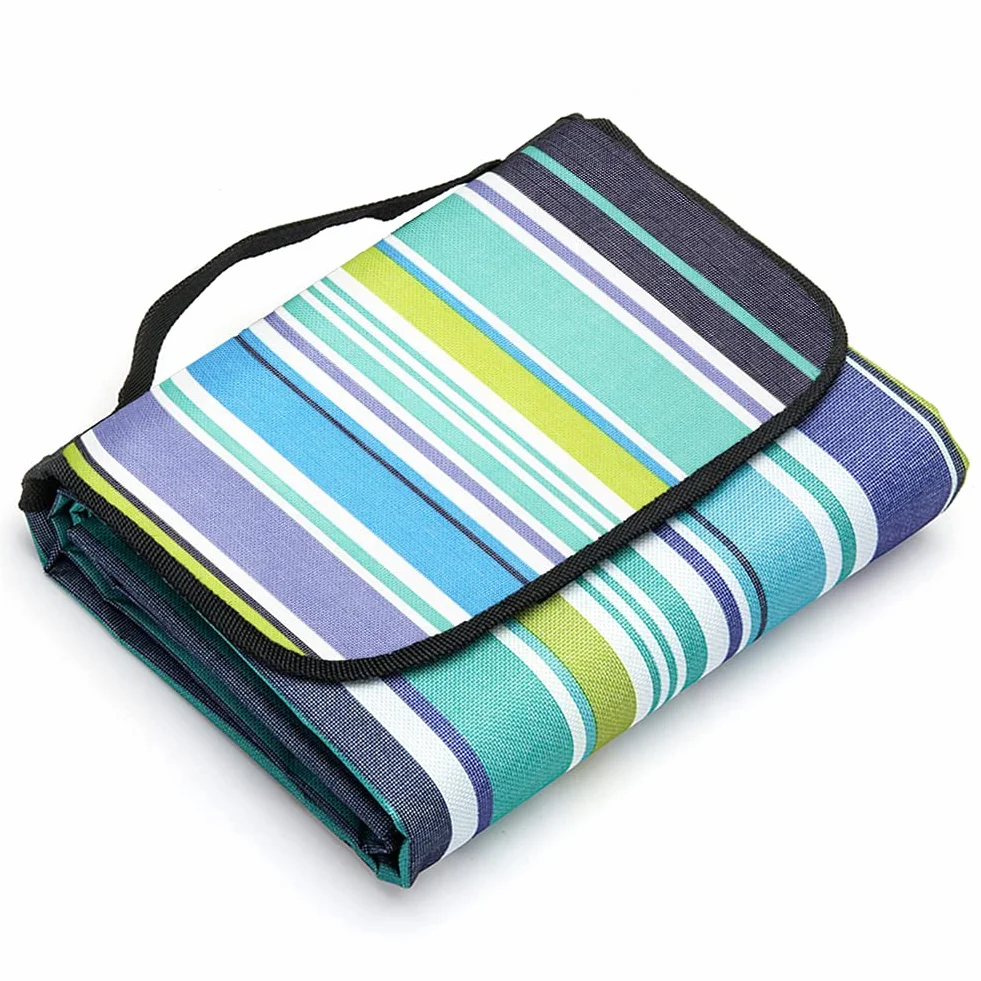 LIVEHITOP Coperta da PIC-nic 200x200 cm Impermeabile - Tappeto da Spiaggia Anti Sabbia Grande con Manico per All'aperto Campeggio Estate, Blu Striscia
