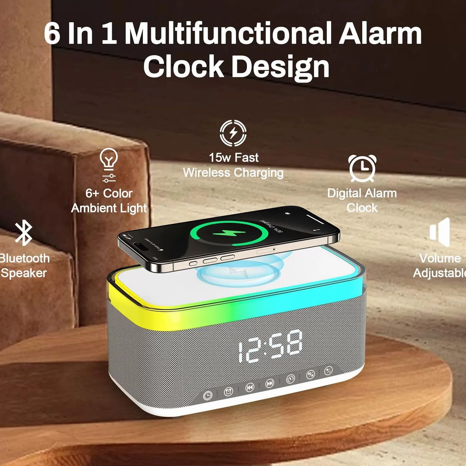Sveglia digitale con stazione di ricarica e altoparlante Bluetooth, luce notturna da 15 W, caricabatterie wireless per iPhone Samsung