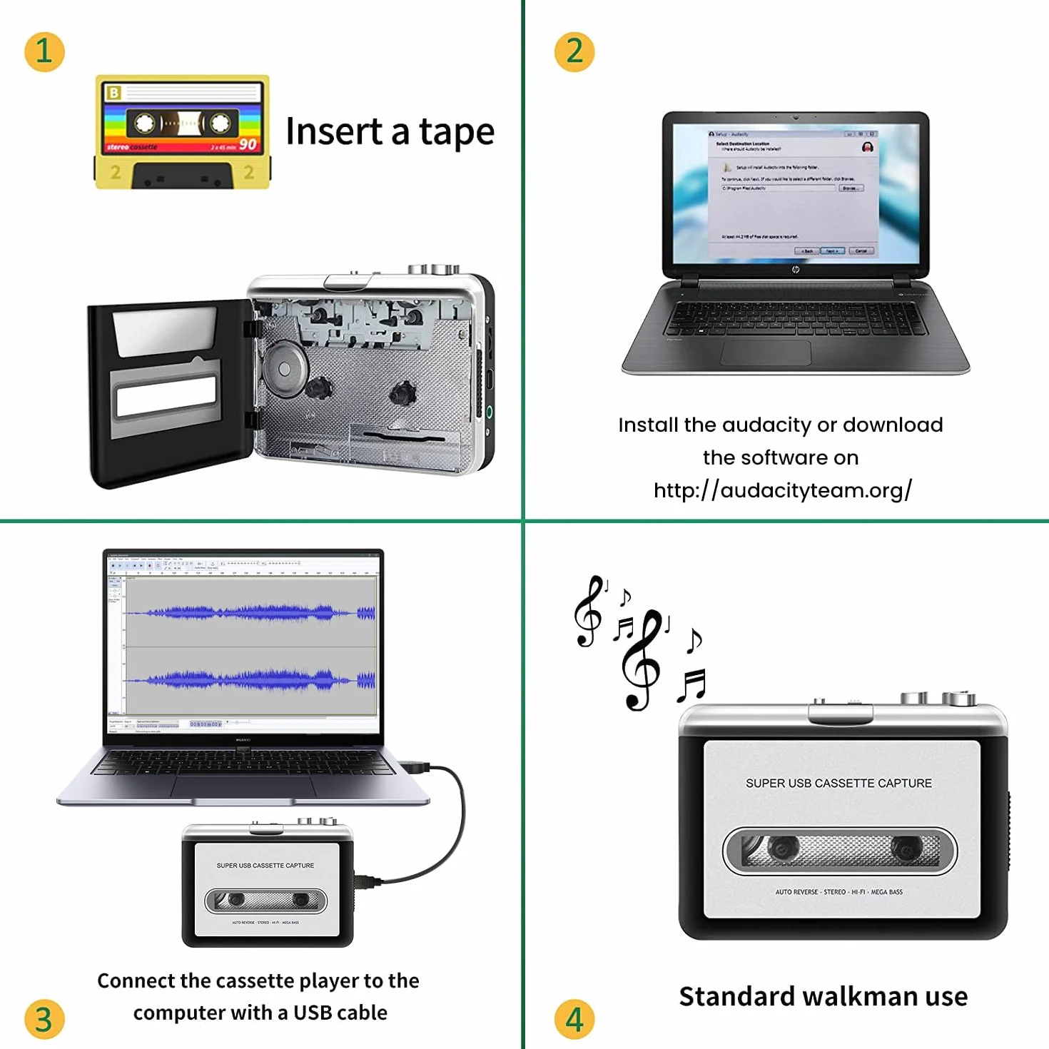 Registratore a Cassetta Portatile con Salvataggio MP3 USB Argento