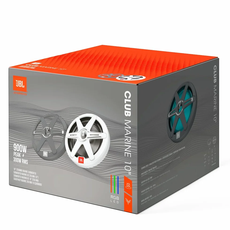 JBL Subwoofer Passivo Club Marine 10 Pollici 900W RGB Illuminato Resistente Sale Acqua Bianco Nero