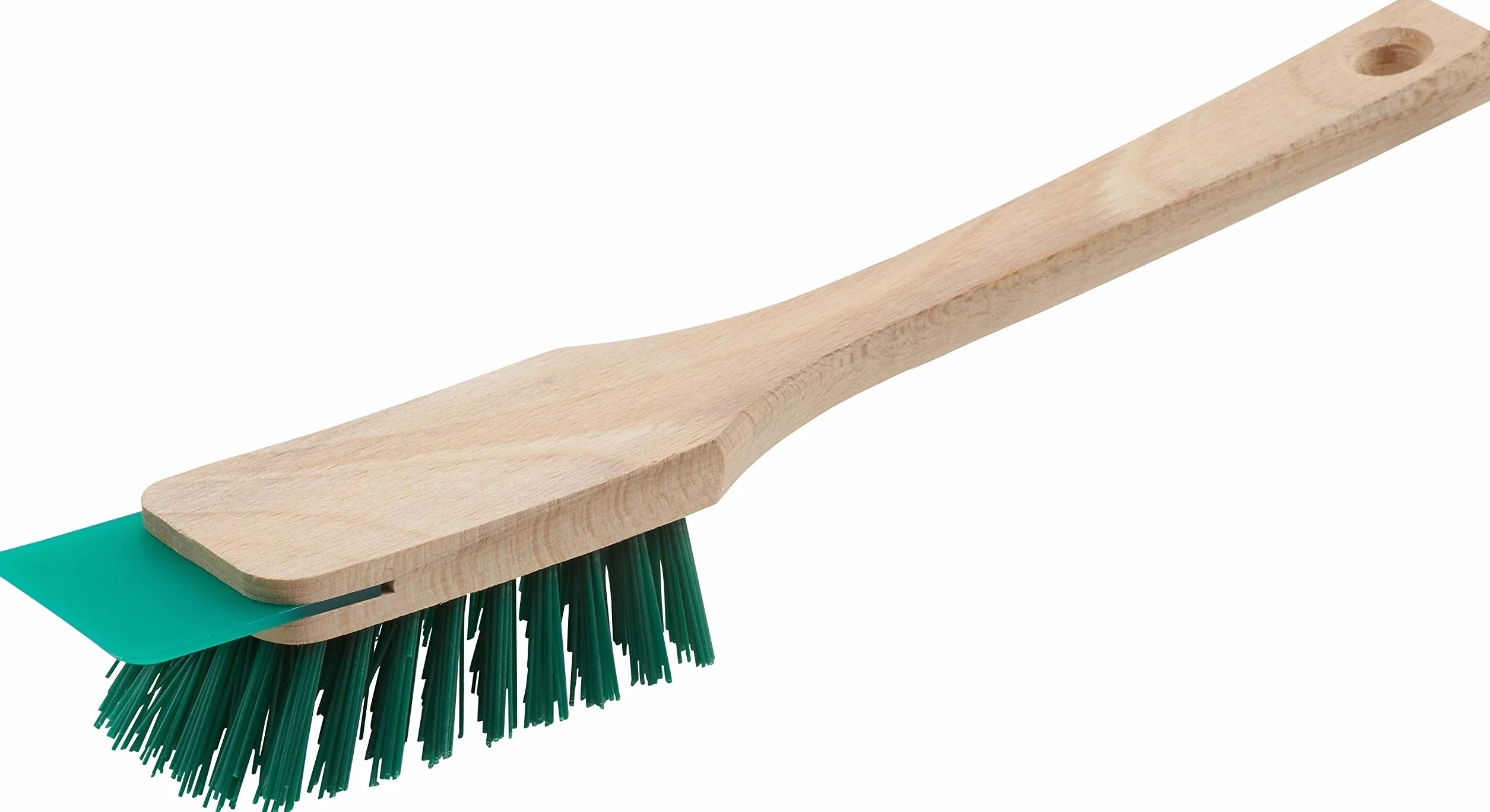 Meister 4360350 Spazzola per tosaerba con raschietto per tosaerba a spinta e a cavalco, setole in plastica robuste e manico lungo in legno, spazzola per attrezzi da giardino/spazzola a mano per la
