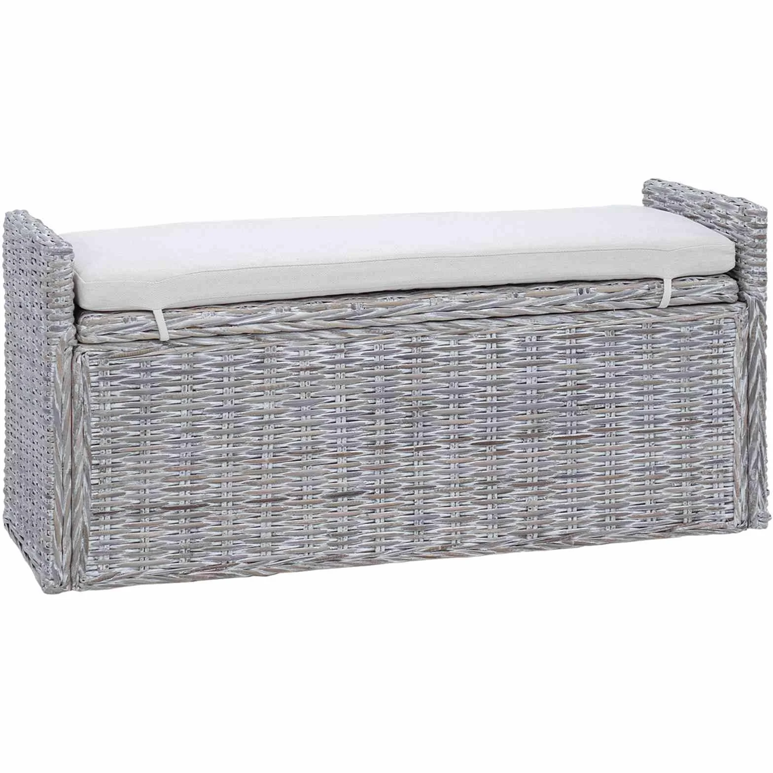 vidaXL Panchina con Contenitore Bianco Lavato 110 x 40 x 50 cm Rattan, Panca portaoggetti per Salotto, Sgabello Rettangolare Moderno, Compatto per Ingresso o corridoio