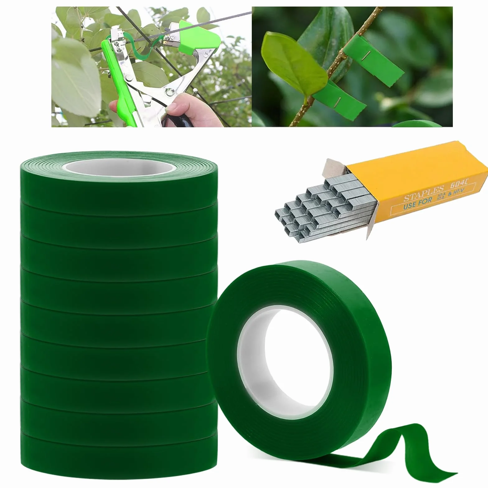 TOGETDREAM 10 Rotoli di Nastro Piante con 10000pcs Graffette, Attrezzi Orto Pinza Legatrice, Legatrice per Piante Vigneto Pomodori, Nastro Piante, Nastro per Legatura Albero, Spago per Orto