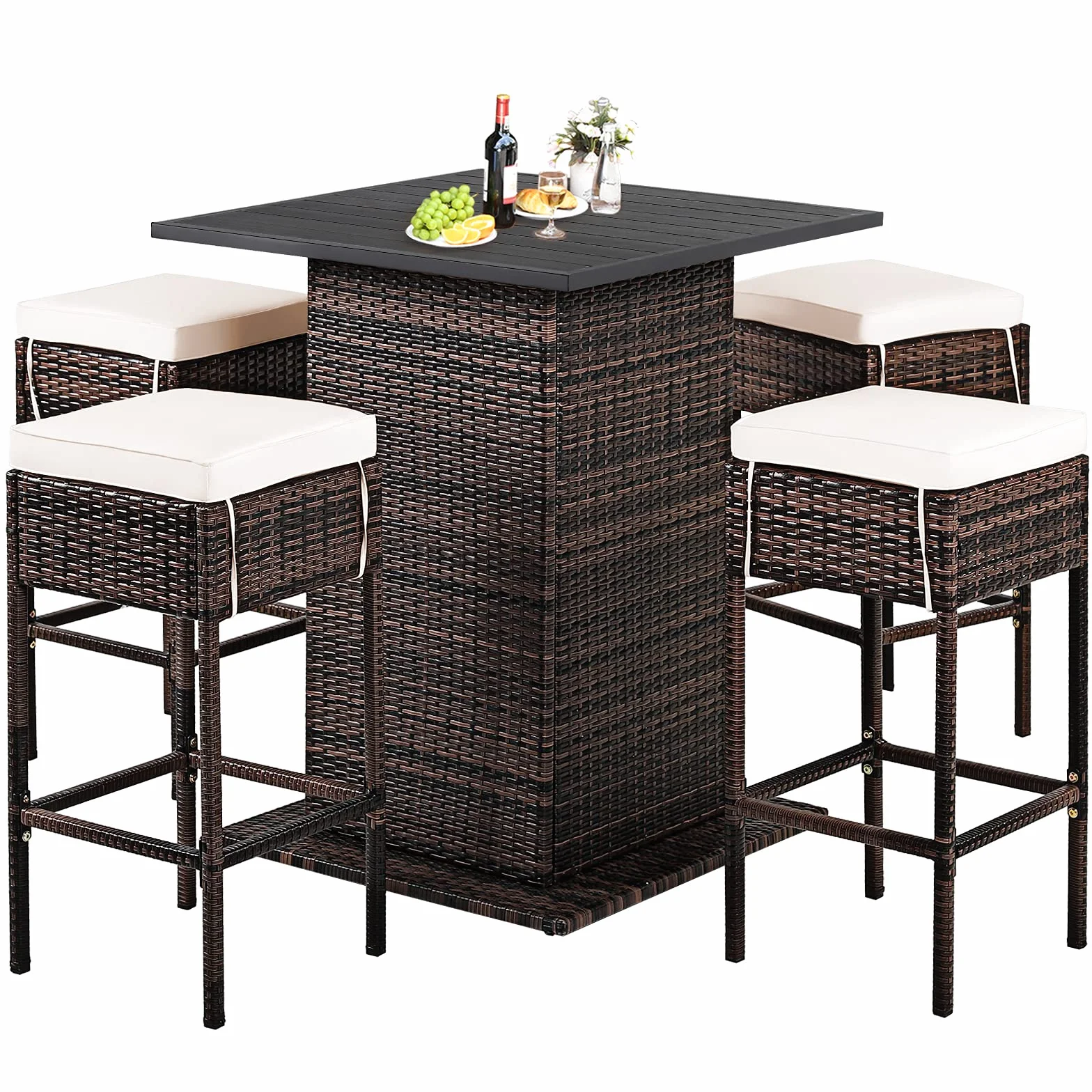 COSTWAY Set Mobili Bar da Giardino in Rattan 5 Pezzi, Tavolo con Spazio d Archiviazione Nascosto, 4 Sgabelli con Cuscini, Angolo Bar da Giardino Cortile ed Esterno