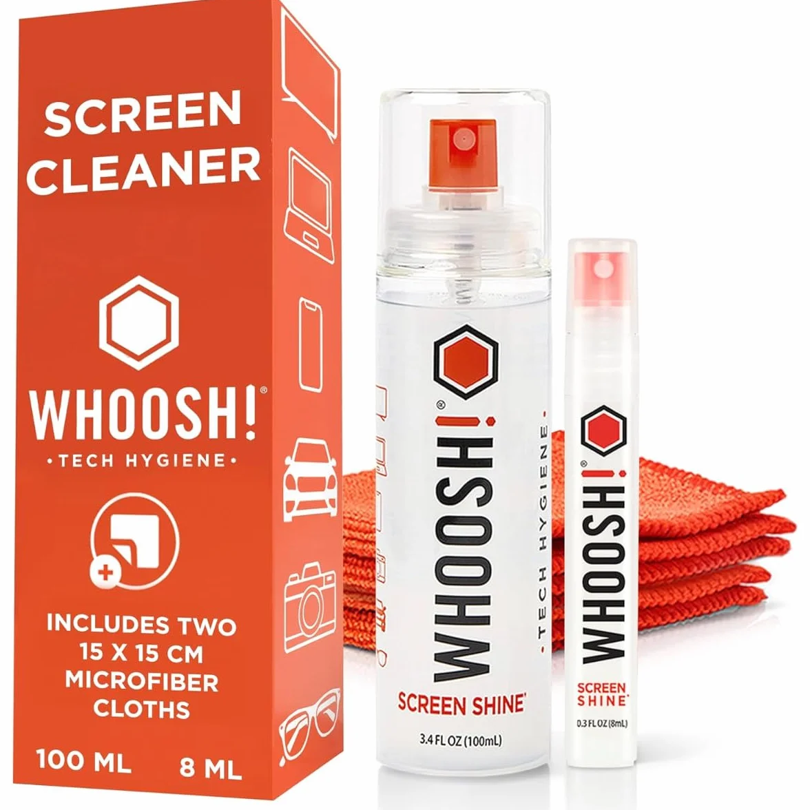 WHOOSH! Screen Shine Duo Kit 8ml+100ml Spray Pulizia Schermo per Laptop, Occhiali, MacBook