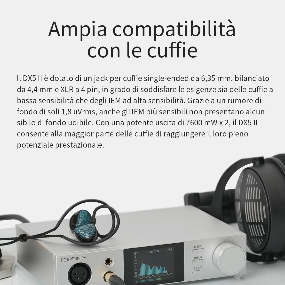 Topping DX5 II Amplificatore DAC Bilanciato 7600 mW ES9039Q2M DSD512 768 kHz USB Ottico Coassiale RCA XLR 6,35 mm 4,4 mm Argento