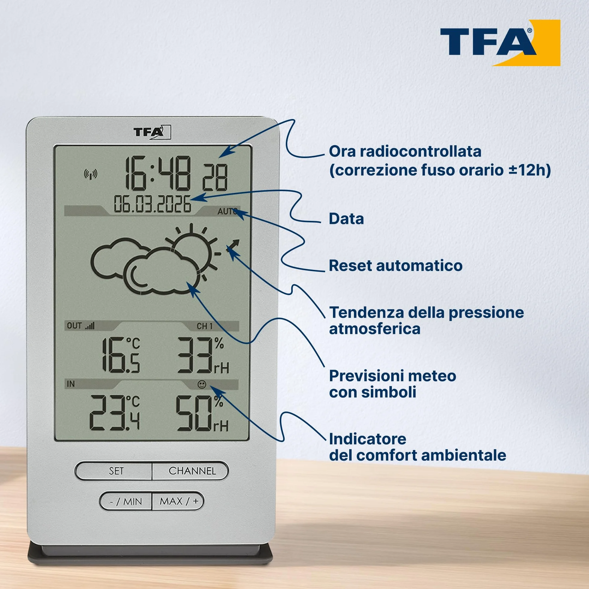 TFA Dostmann stazione meteo wireless 35.1162.54 argento