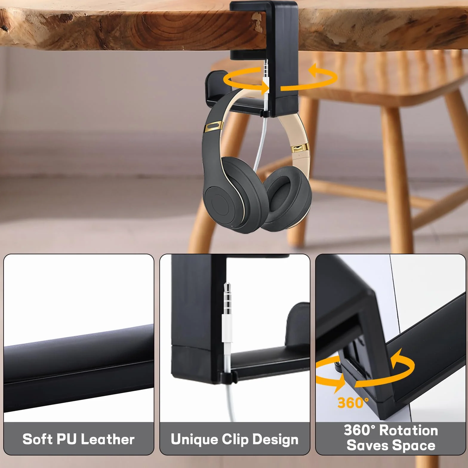 Porta Cuffie da Scrivania Supporto per Cuffie Gaming ABS Metallo Girevole 360° Salvaspazio Nero