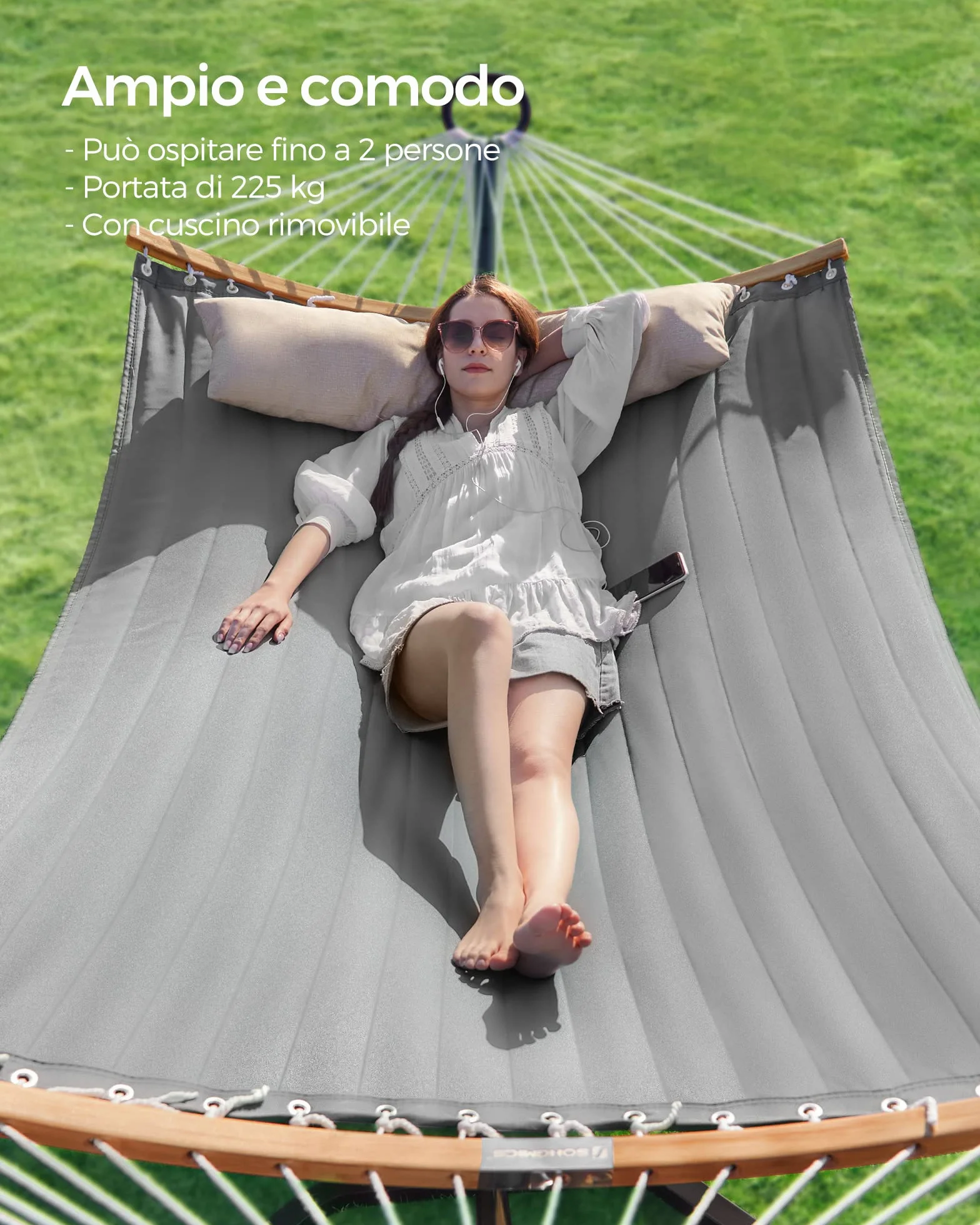 SONGMICS Amaca Doppia Imbottita da Campeggio Giardino con Barre Curve in Bambù, Cuscino, 200x140 cm, 225 kg, Grigio Beige GDC34CG