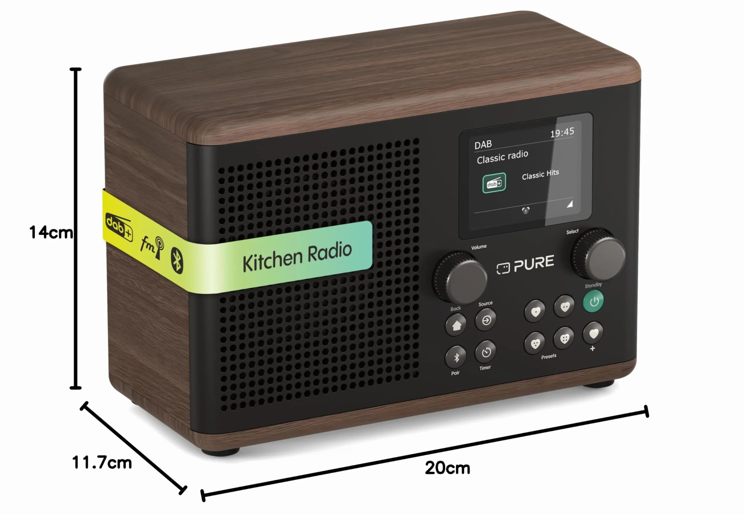 Pure Classic H4 Radio da Cucina Digitale DAB+ FM Bluetooth USB AUX Timer Sveglia Caffè Nero Noce