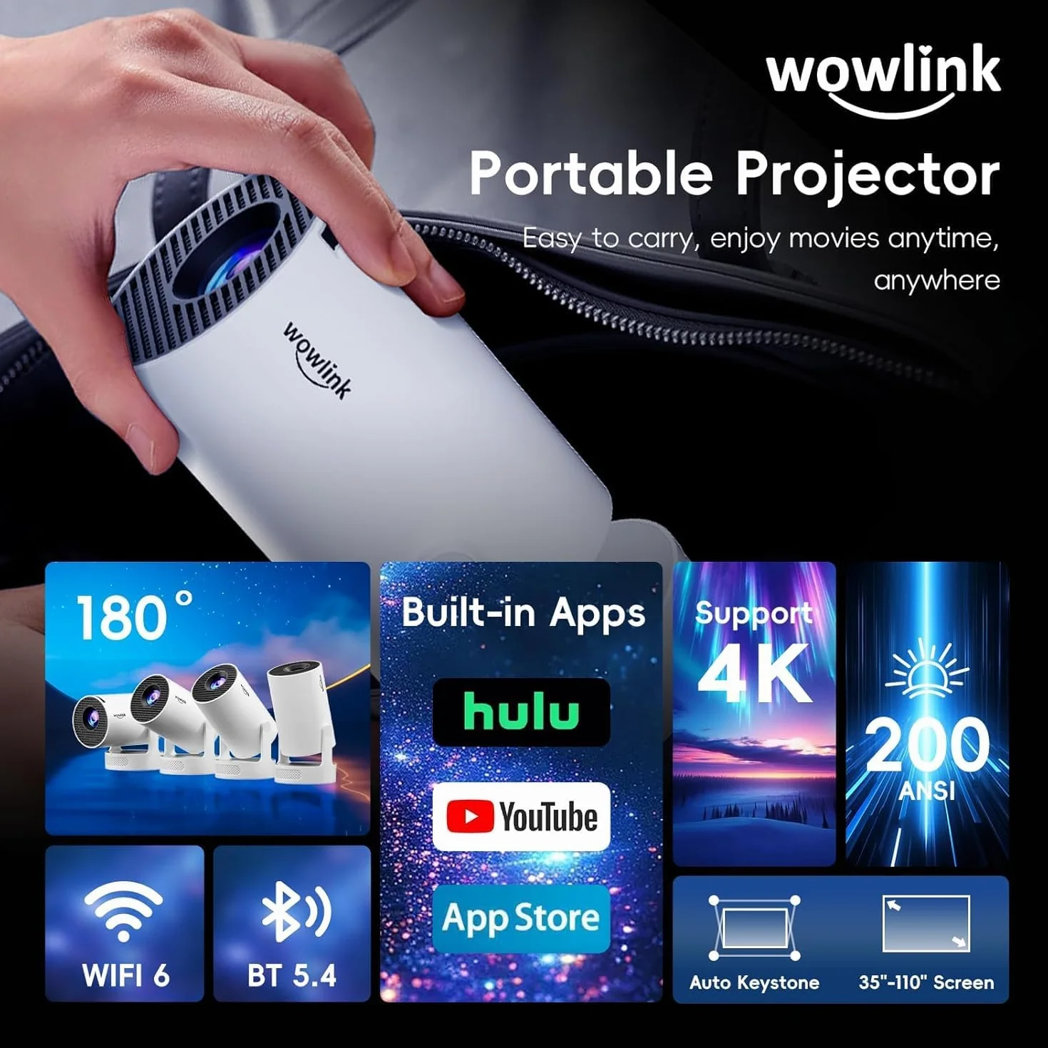 Mini Proiettore WiFi 6 Bluetooth 5.4 4K 1080P Auto Keystone Rotabile 180° Portatile HDMI Bianco
