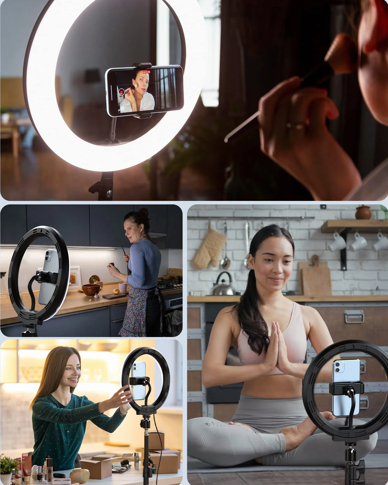 QIUOIO Ring Light con Treppiede Alto, 35 Modalità RGB, 3 Effetti Luce, 10 Luminosità Regolabile, per Smartphone Shooting