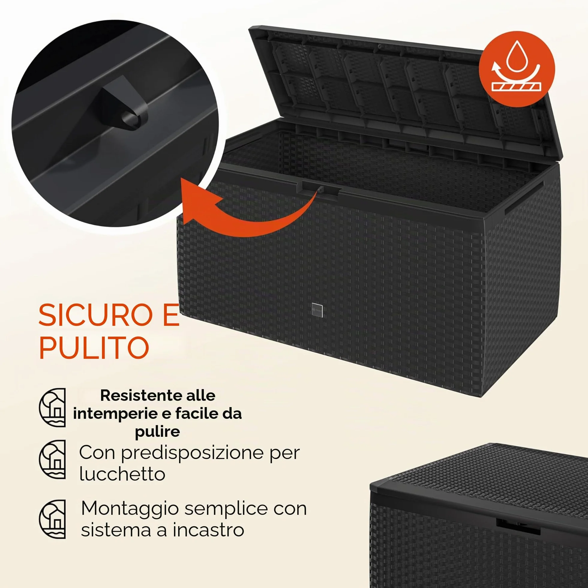 Casaria® Baule da Giardino 117x47x60cm Aspetto Polyrattan 290L Box Multiuso Multibox Cuscini 6 Ruote Coperchio Esterno