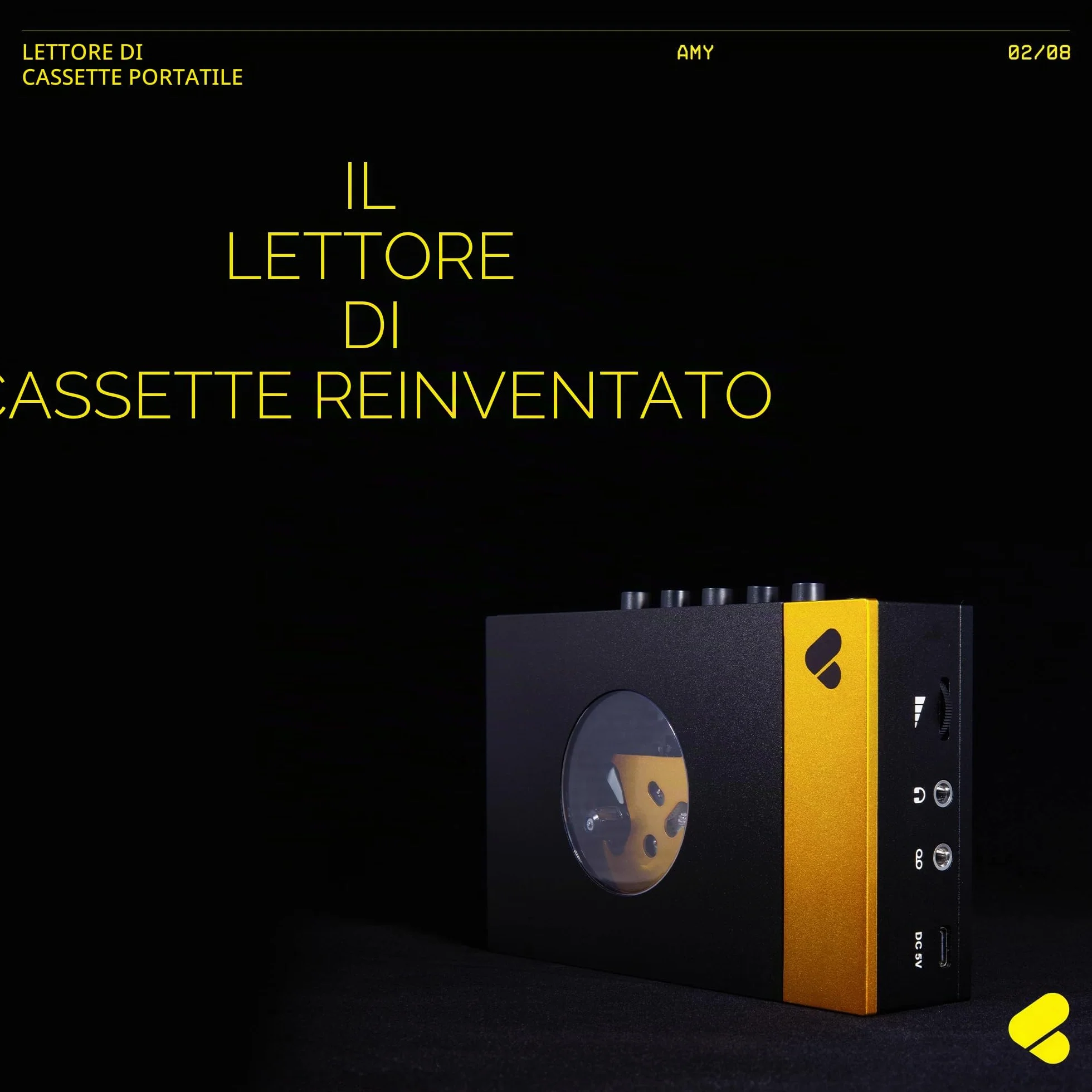 We are Rewind Lettore a cassette portatile Bluetooth, registratore con altoparlante, cuffie, cavo 3,5 mm - Amy Nero & Giallo