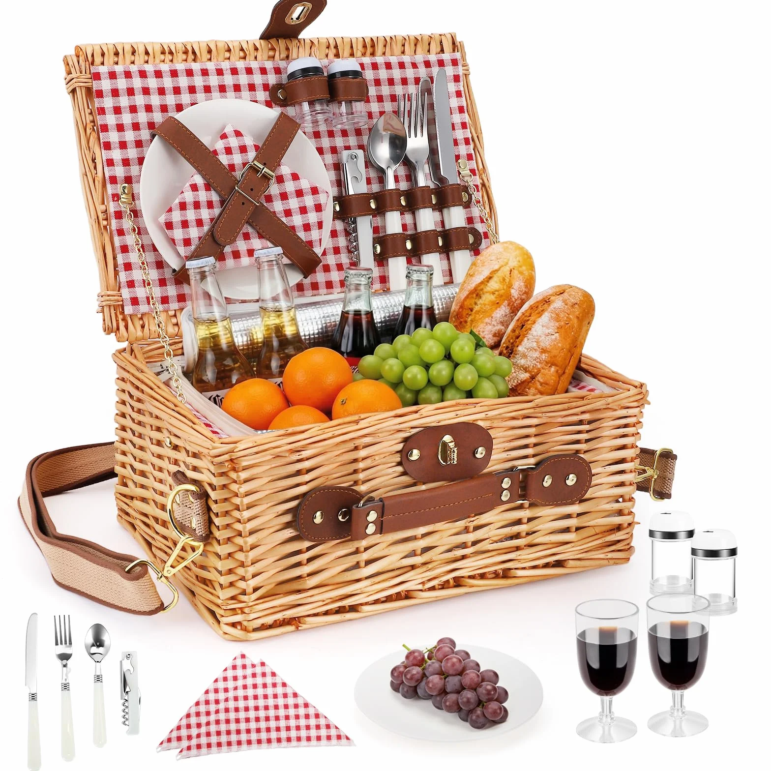 Wicker Picnic Basket Cestino da Picnic in Vimini per 2 Persone – Set Picnic con Vano Isotermico, Piatti, Posate, Bicchieri da Vino, Cavatappi – Perfetto per Spiaggia, Campagna, Parco & Regalo BBQ