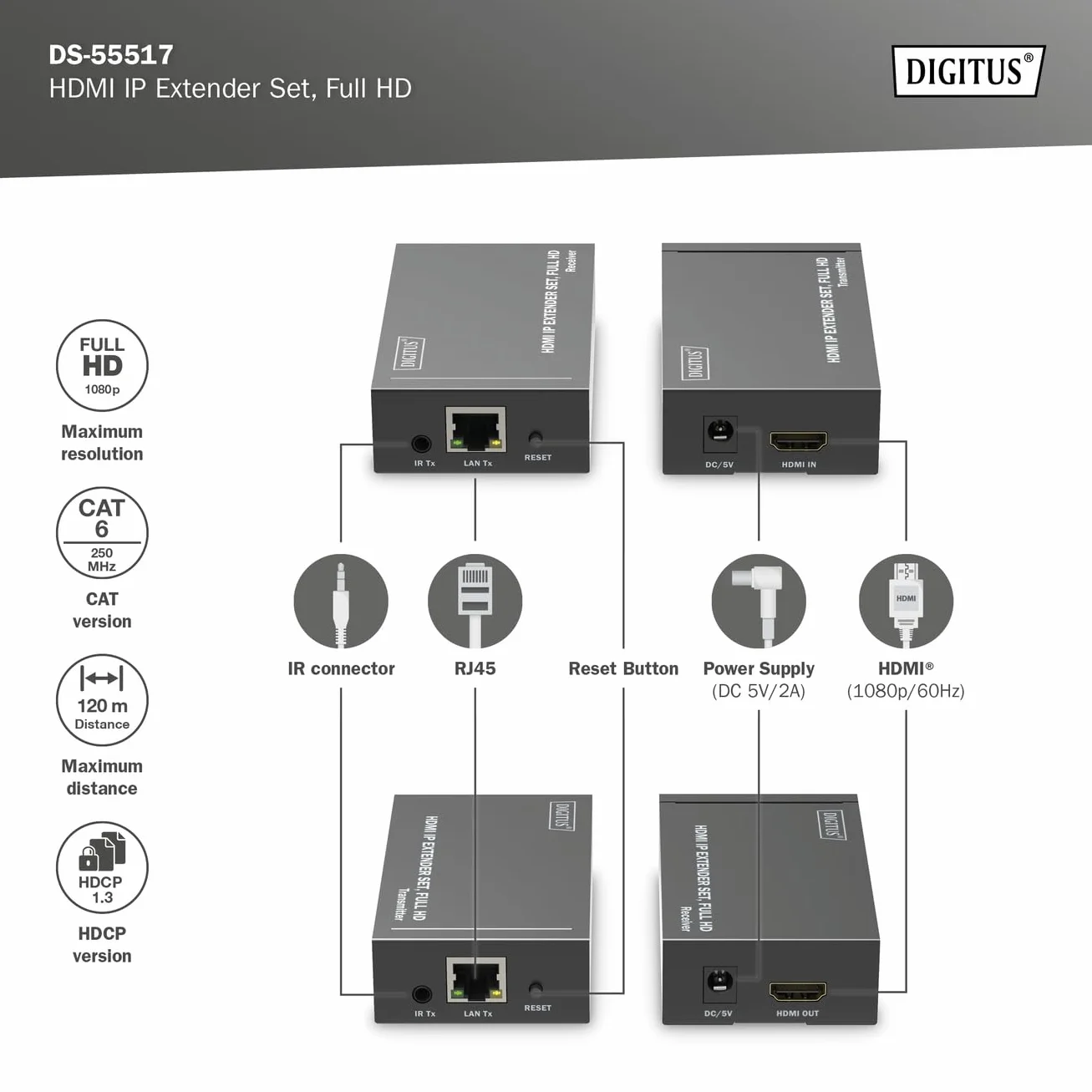 DIGITUS DS-55517 Estensore HDMI Splitter Full HD 1080p 60 Hz 120 m LAN Ethernet