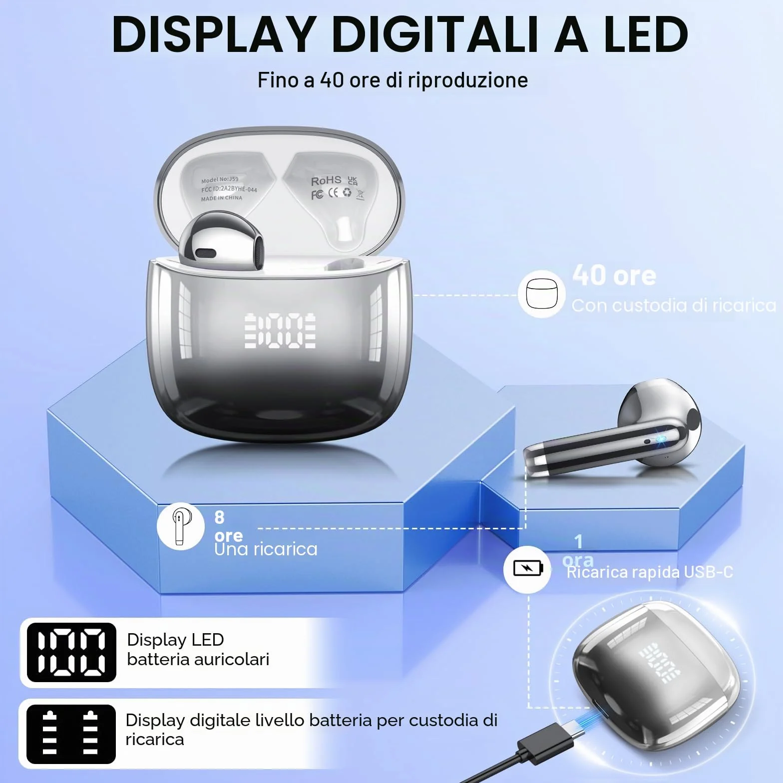 Cuffie Bluetooth 5.4 con Driver 14.2mm, IP7 Impermeabili, 40H Display LED, Nero