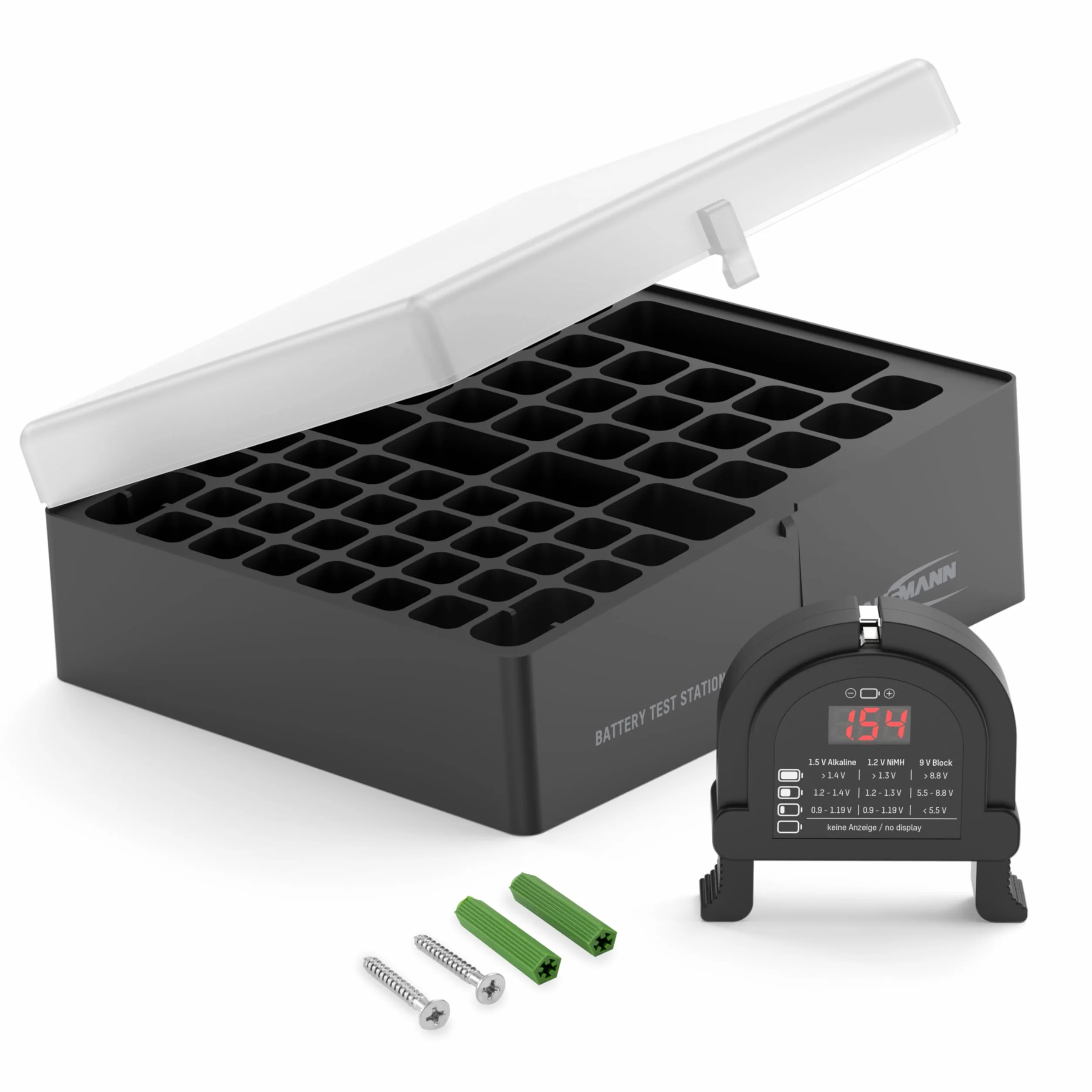 ANSMANN Scatola per batterie con tester 48 batterie 20x Micro AAA 24x stilo AA 4x 9V Organizer portatile