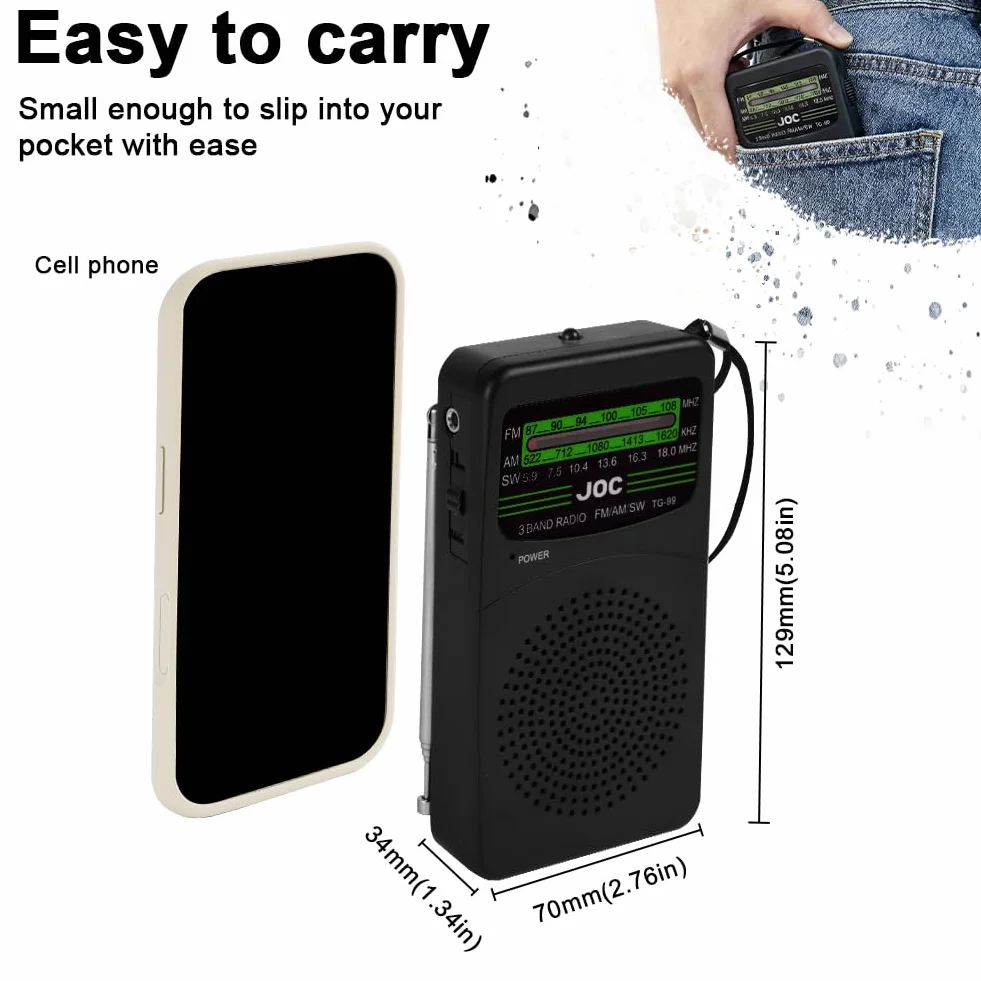 Radio Portatile FM/AM OSDUE, Radiolina Tascabile con Ricezione Eccellente, Batterie AA, Clip a Moschettone, Nero