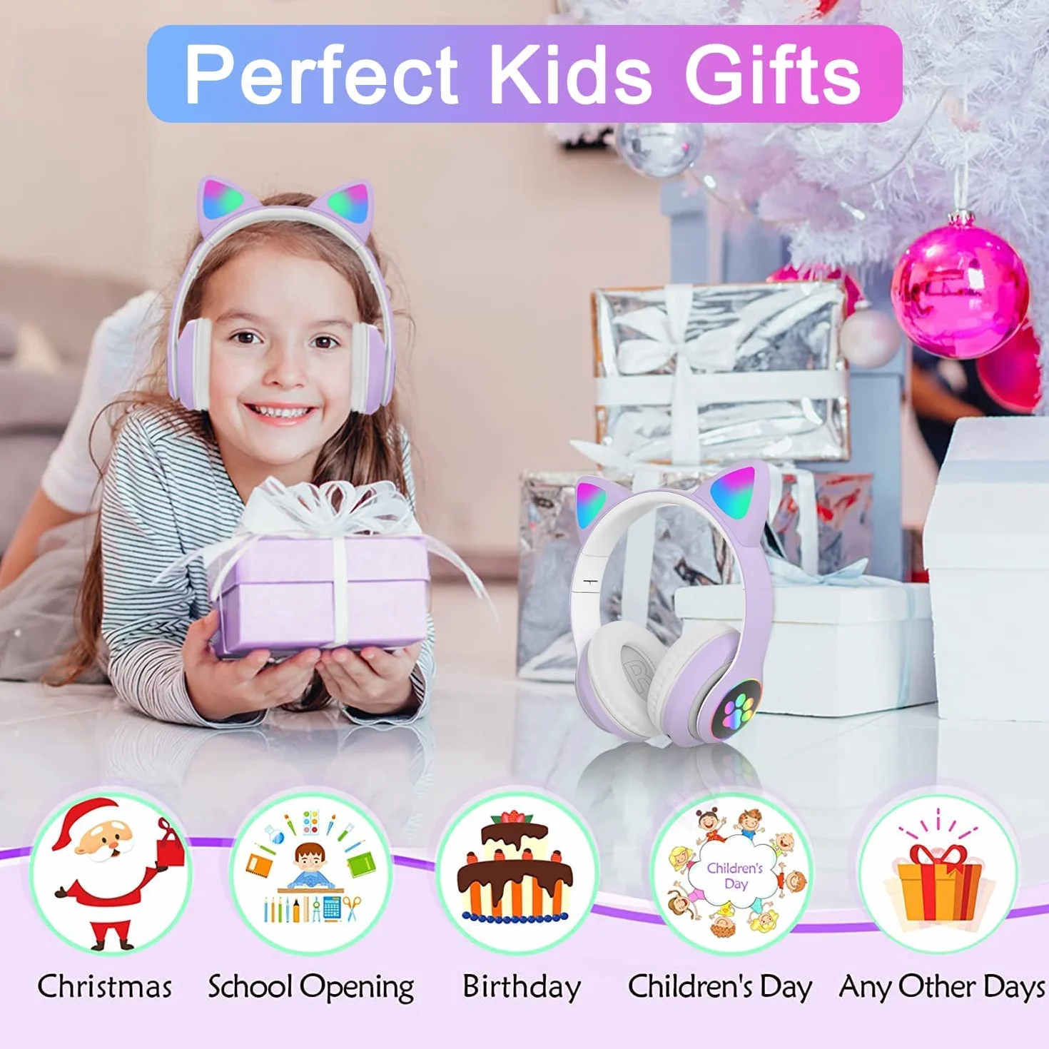 Cuffie Wireless Bambini con LED, Bluetooth Cuffie con Orecchie Gatto Pieghevoli con Microfono, Micro SD Regalo Natale Compleanno Ragazze Viola