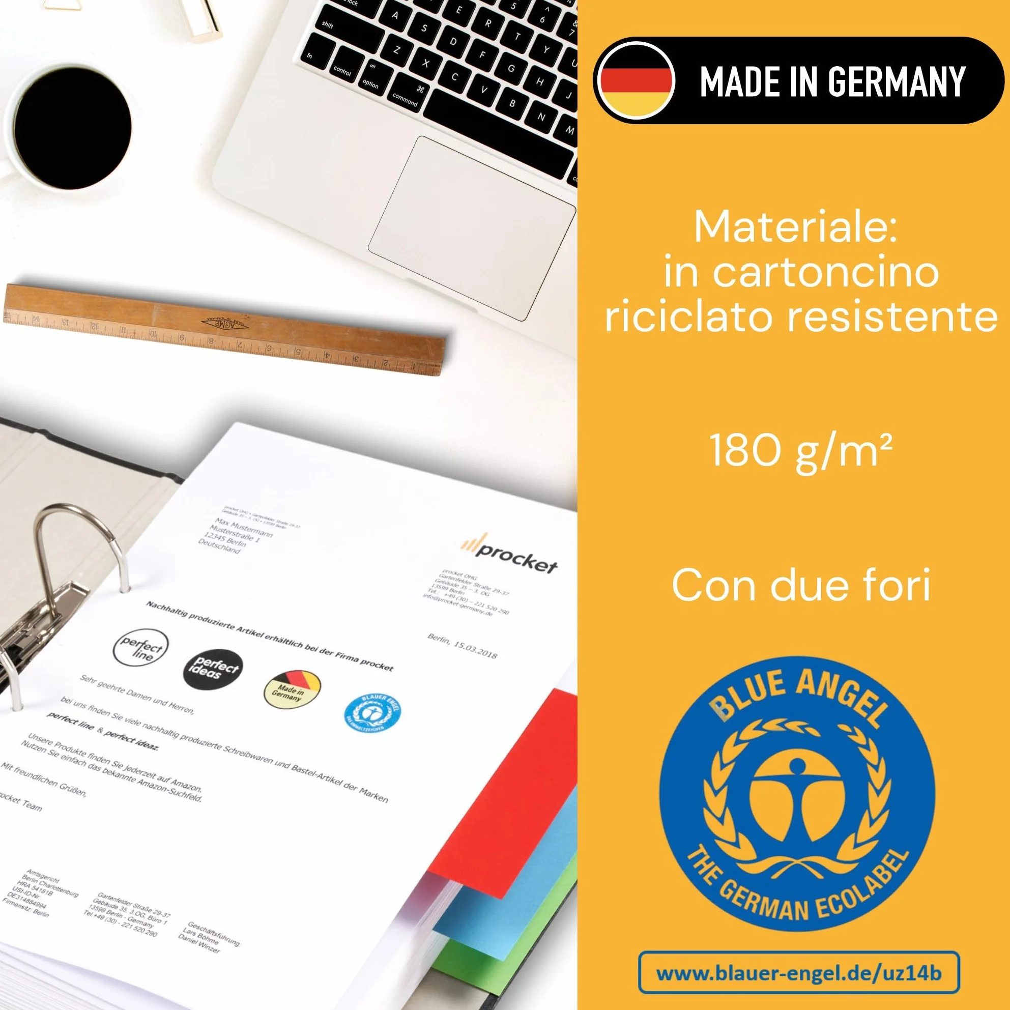 Strisce divisori raccoglitori ad anelli A4, classificatori per documenti ufficio in cartone riciclato, Made in Germany, 5 colori