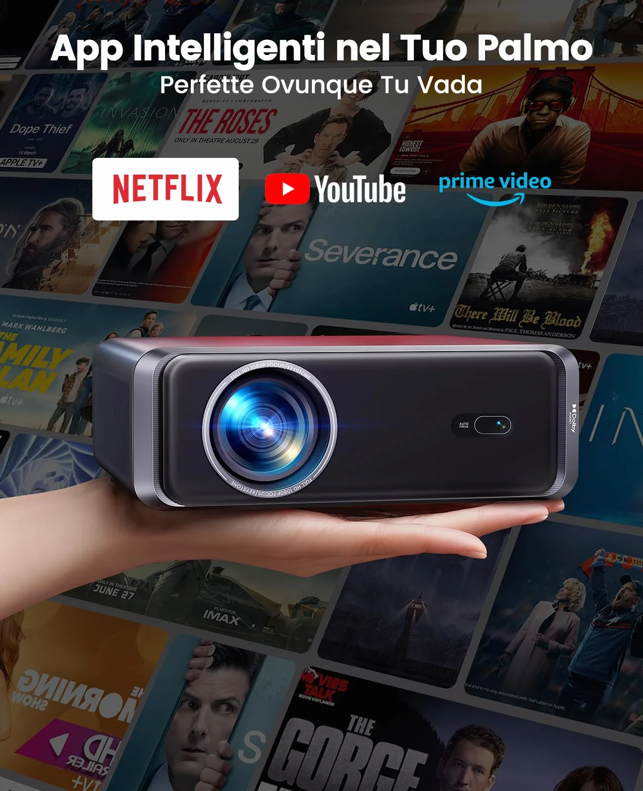 Proiettore 4K 1000ANSI Auto Focus Keystone WiFi6 Bluetooth5.3 Portatile 1080p Nativo HDMI ARC Nero