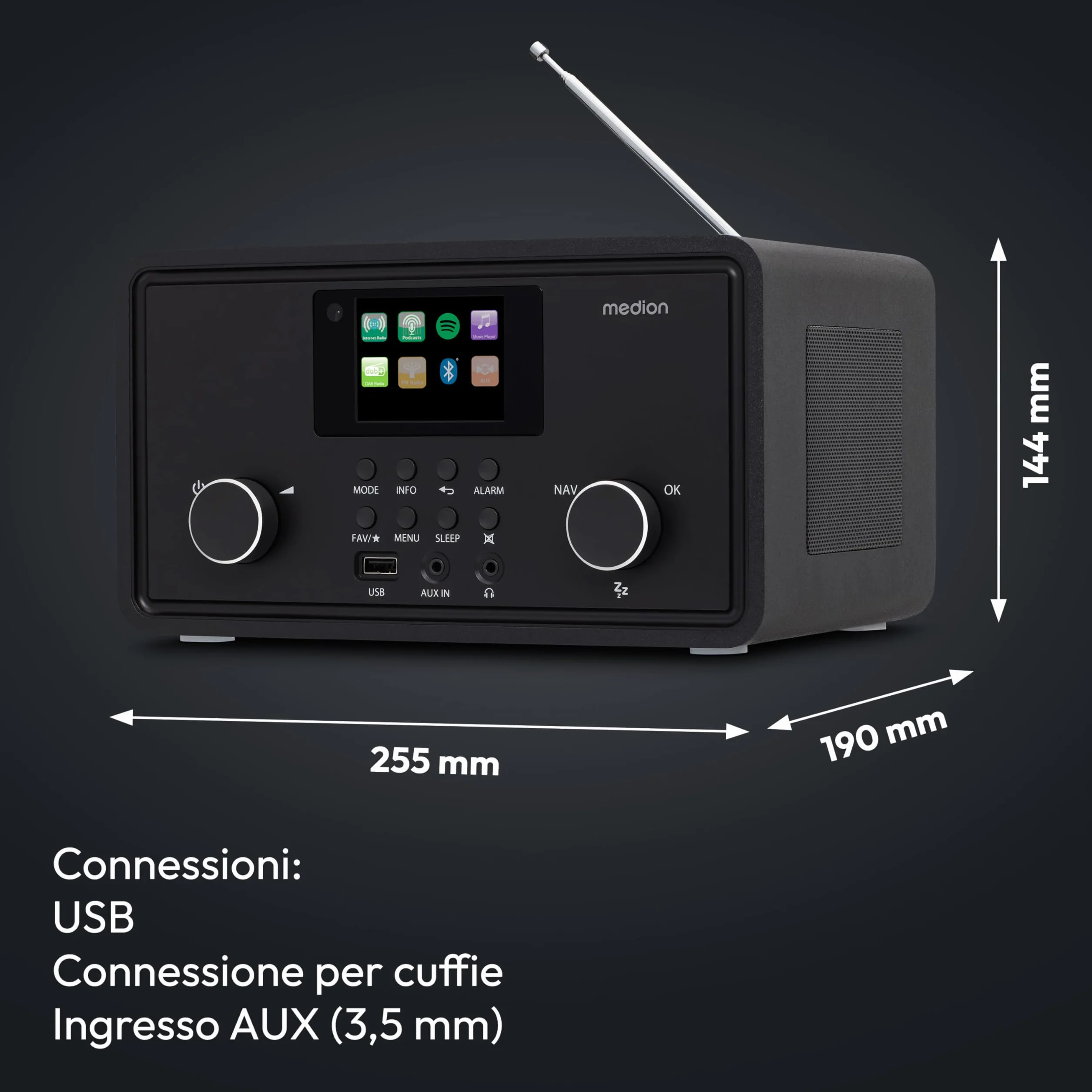MEDION P85027 Internet radio DAB Plus FM Spotify Connect WLAN Bluetooth streaming equalizzatore display a colori USB AUX sveglia snooze sleep timer nero