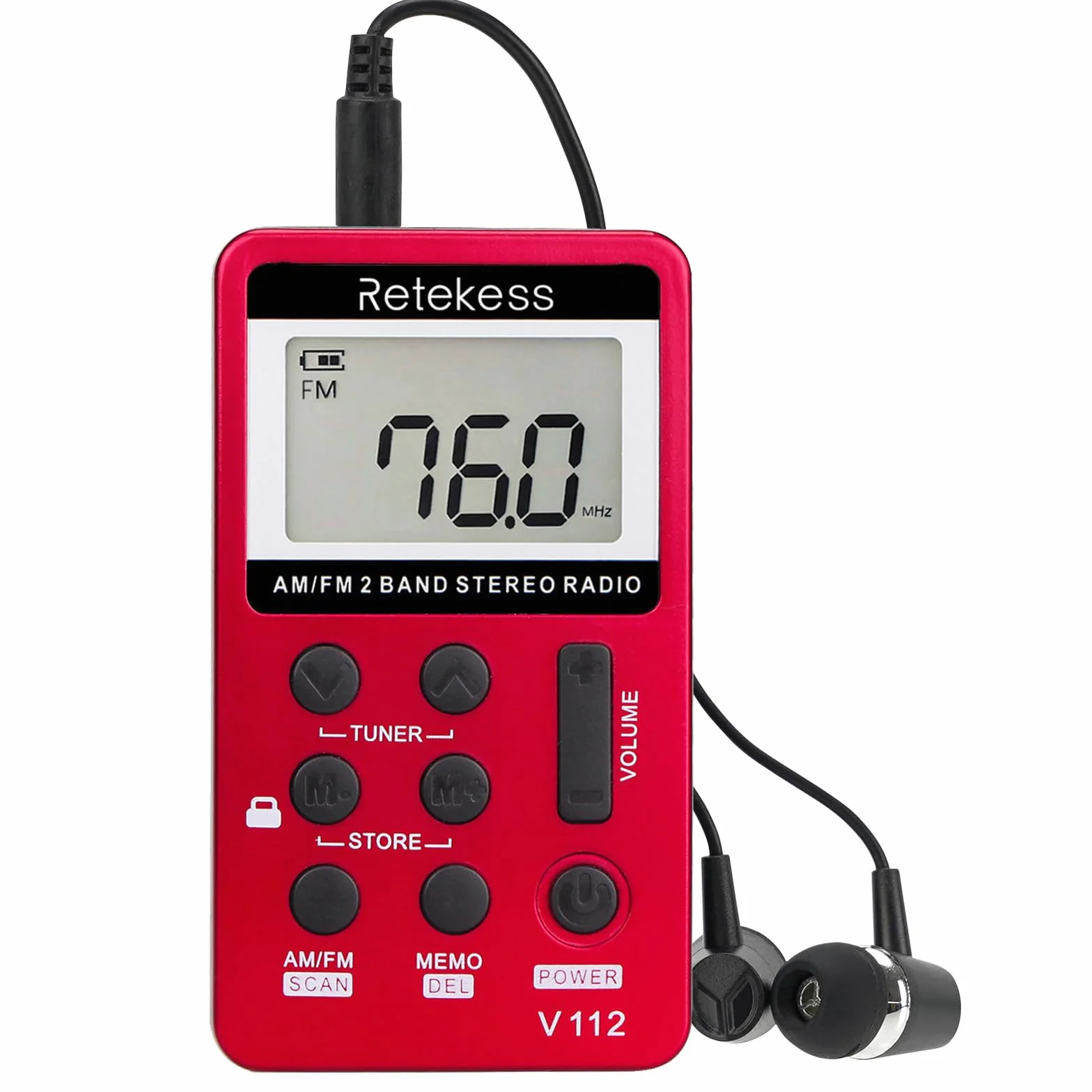 Retekess V112 Mini Radio Portatile AM FM Ricaricabile con Cuffie a Batteria Rosso