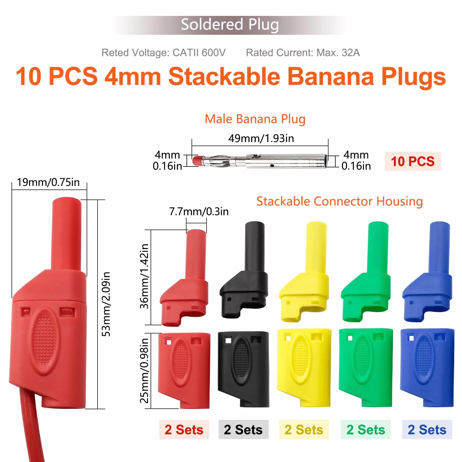 Connettori a Banana Impilabili da 4 mm, Isolati, 10 Pezzi, 5 Colori, per Multimetro e Sonde
