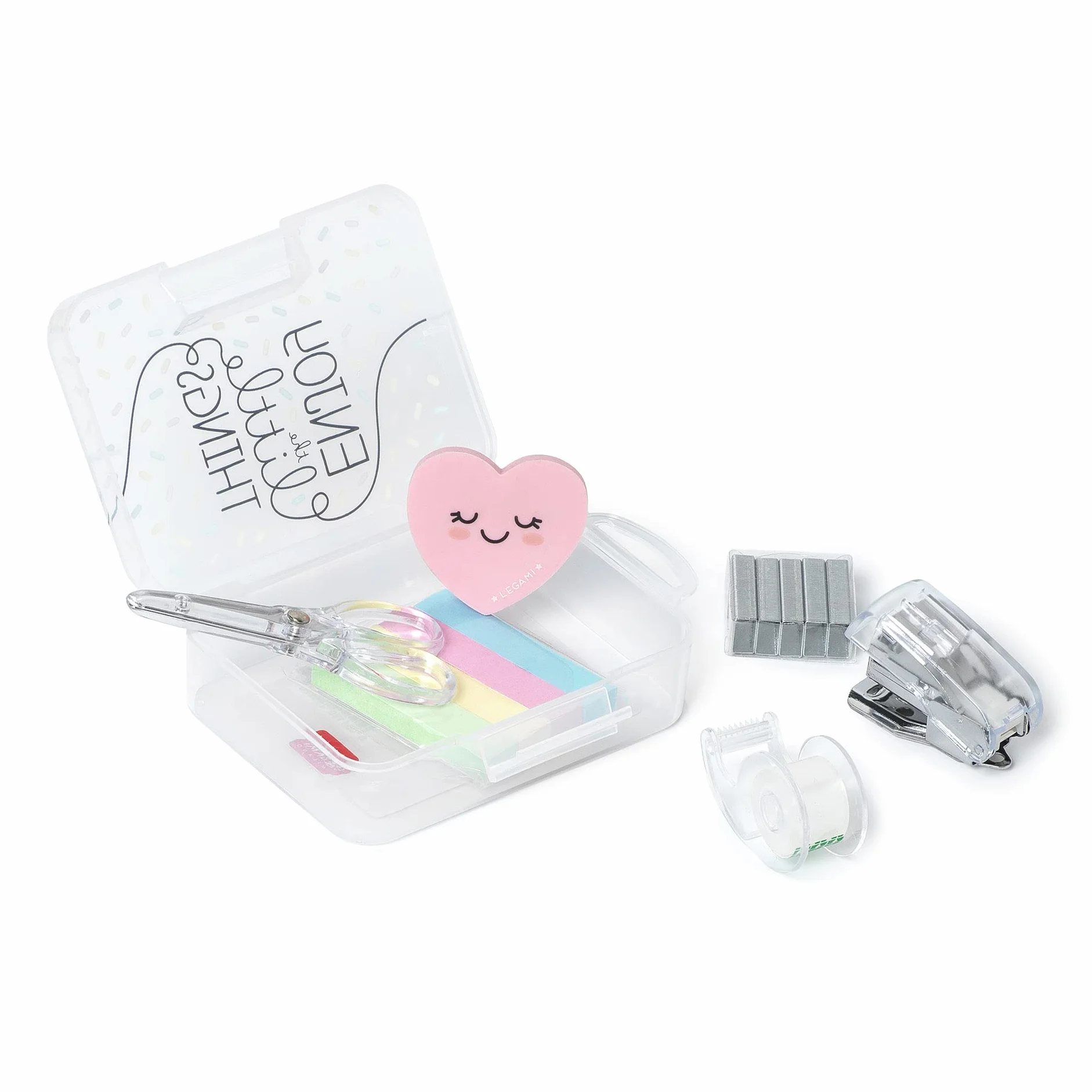 Legami Mini Set Cancelleria 6 Accessori Forbici Gomma Segnapagina Nastro Adesivo Cucitrice Punti Metallici 7x10,5 cm