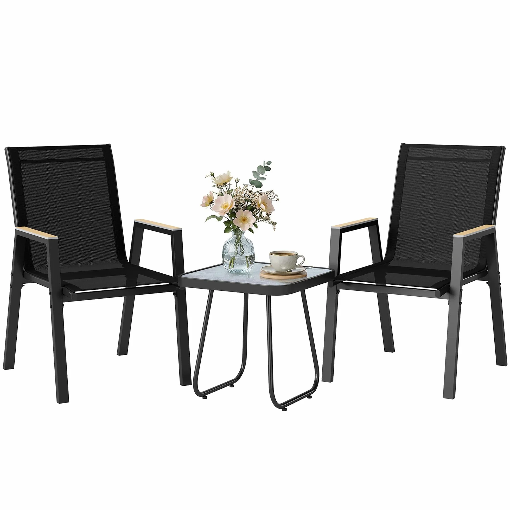 Outsunny Set da Bistrò da 3 Pezzi con 2 Sedie in Texteline, Tavolo Effetto Marmo e Braccioli Decorativi, Set di Mobili da Giardino in Metallo per Terrazzo Patio Balcone, Nero