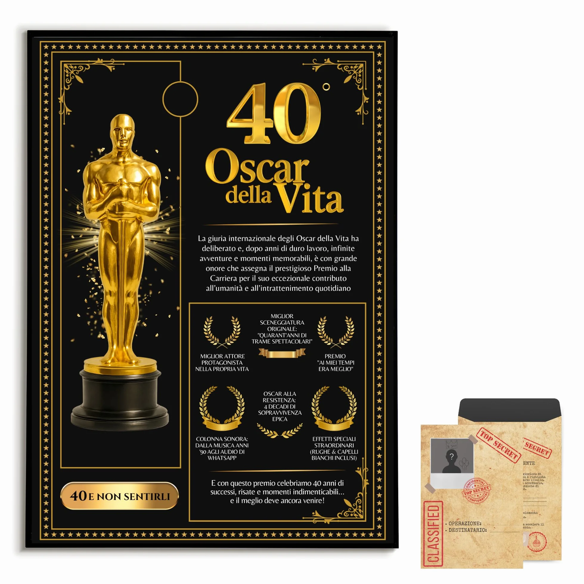 Biglietto auguri 40 anni uomo donna Stile Oscar compleanno 40/50/60 anni