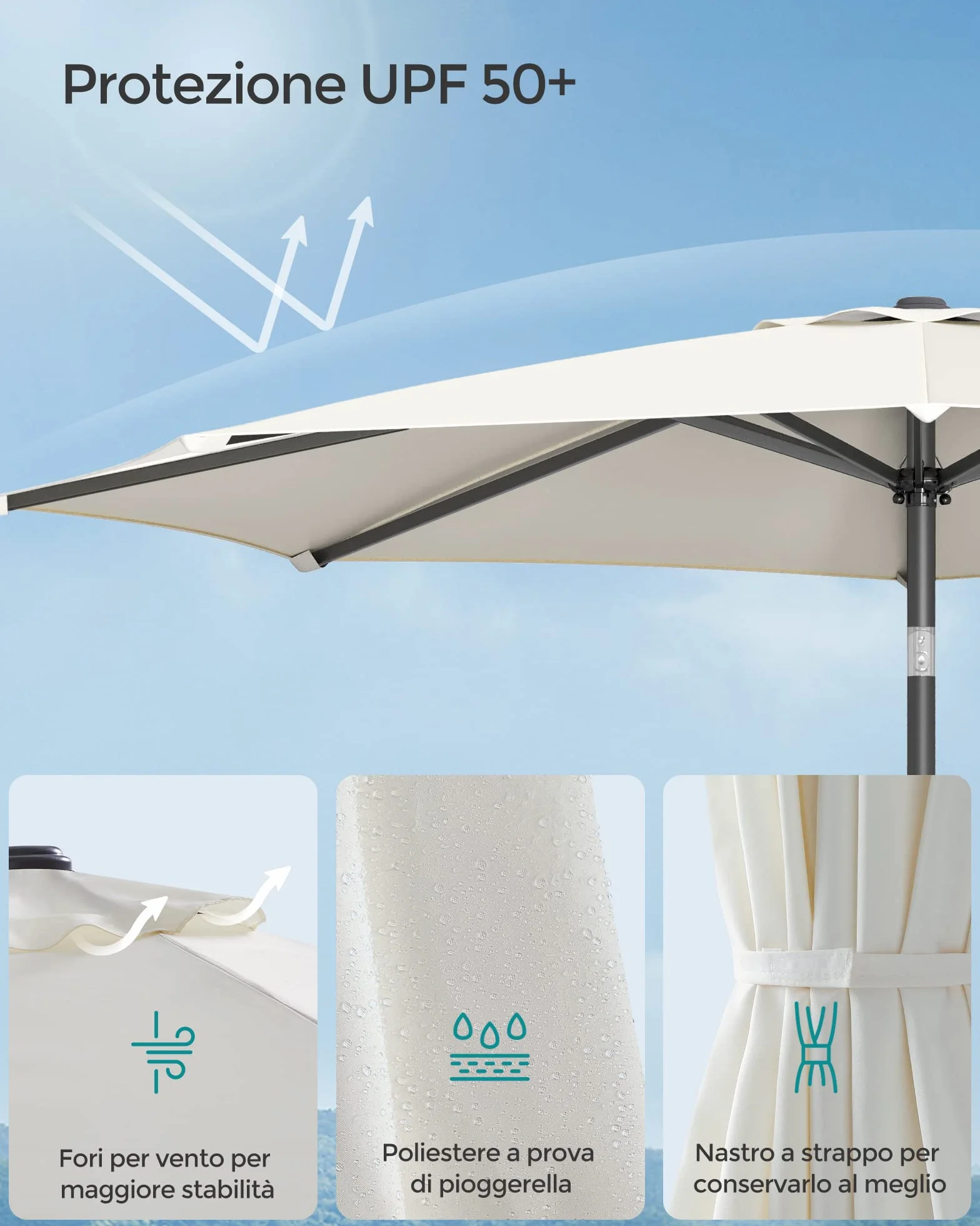 SONGMICS Ombrellone da Giardino 300 cm, UPF 50+, Parasole, Inclinazione Bidirezionale a 30°, Manovella per Apertura/Chiusura, Esterno Terrazzo Balcone Piscina, senza Base, Beige GPU30BE