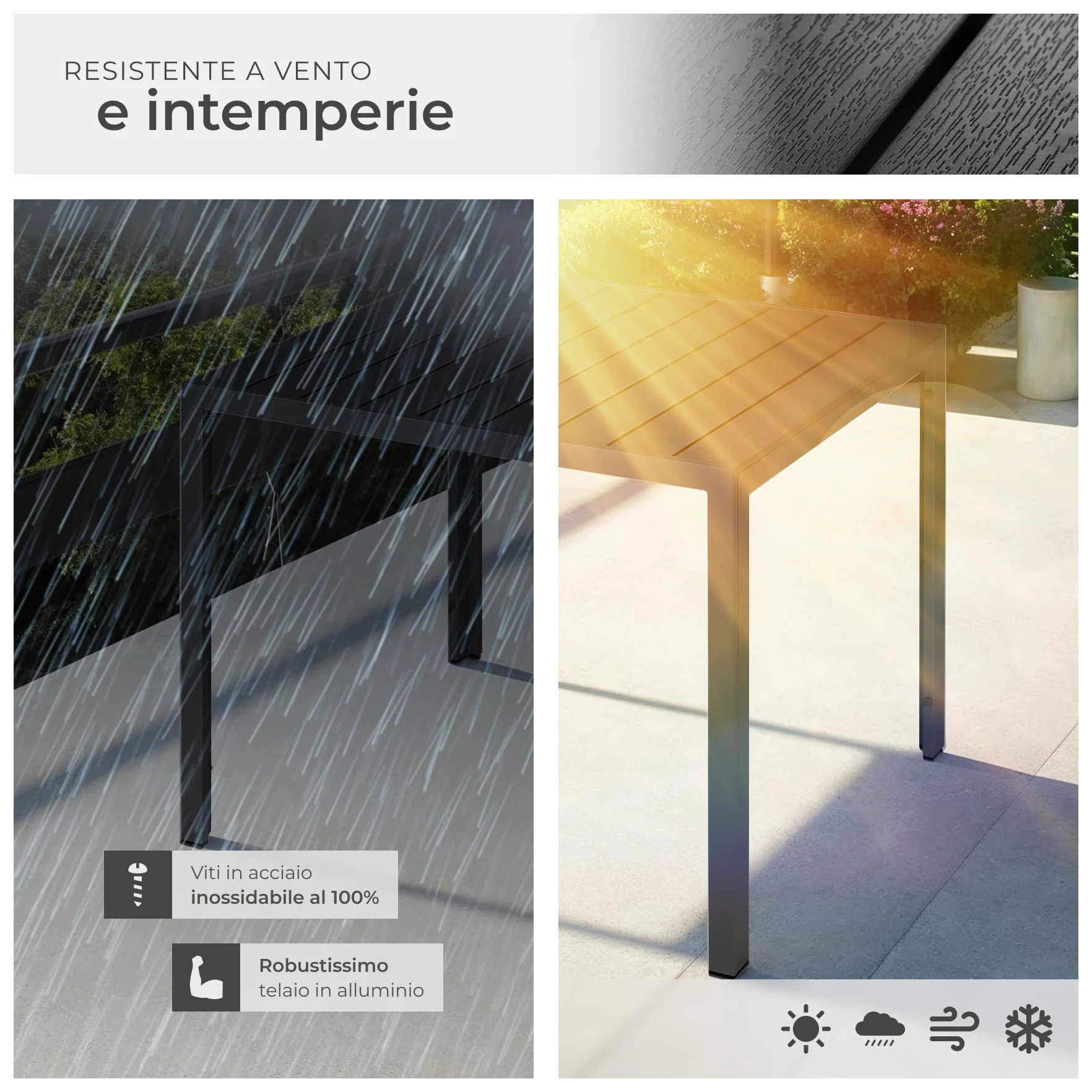tectake®, Tavolo da Giardino in Alluminio, Tavolo da Esterno, Tavolino da Balcone, Effetto Legno, Regolabile, Resistente Intemperie, Ideale come Arredamento per Terrazzo, 90x90x74,5cm - nero