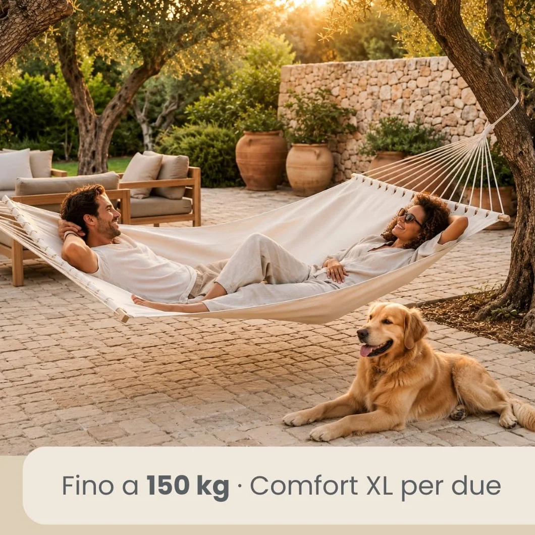 Amaca XXL 200x120 cm Beige Dondolo Doppio 2 Persone 150kg Cotone Robusto Esterno Interno Balcone Giardino