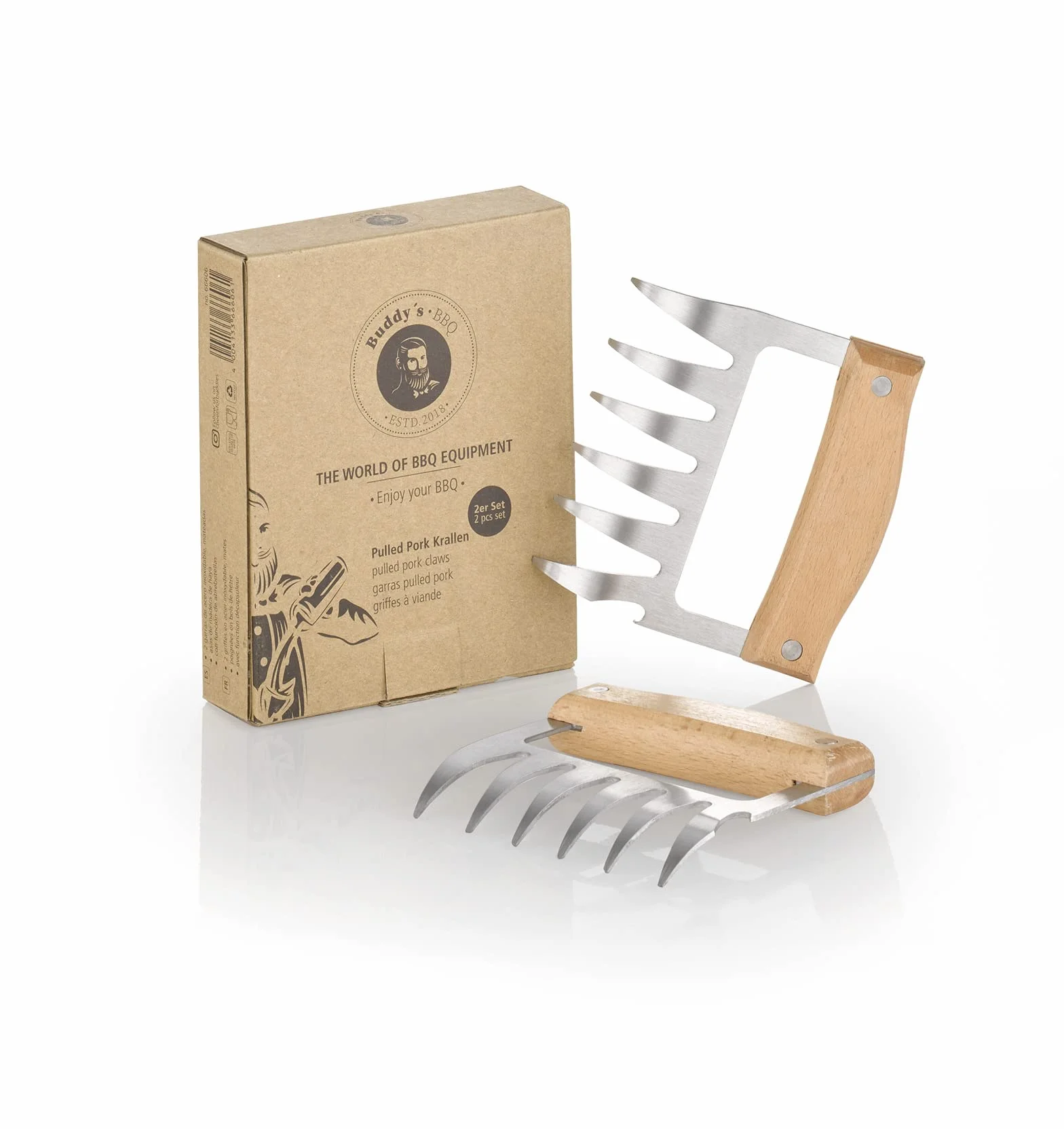 Buddy's BBQ - Artigli di maiale sfilacciati di alta qualità per barbecue americano, in acciaio inox tagliente con funzione apribottiglie, confezione da 2