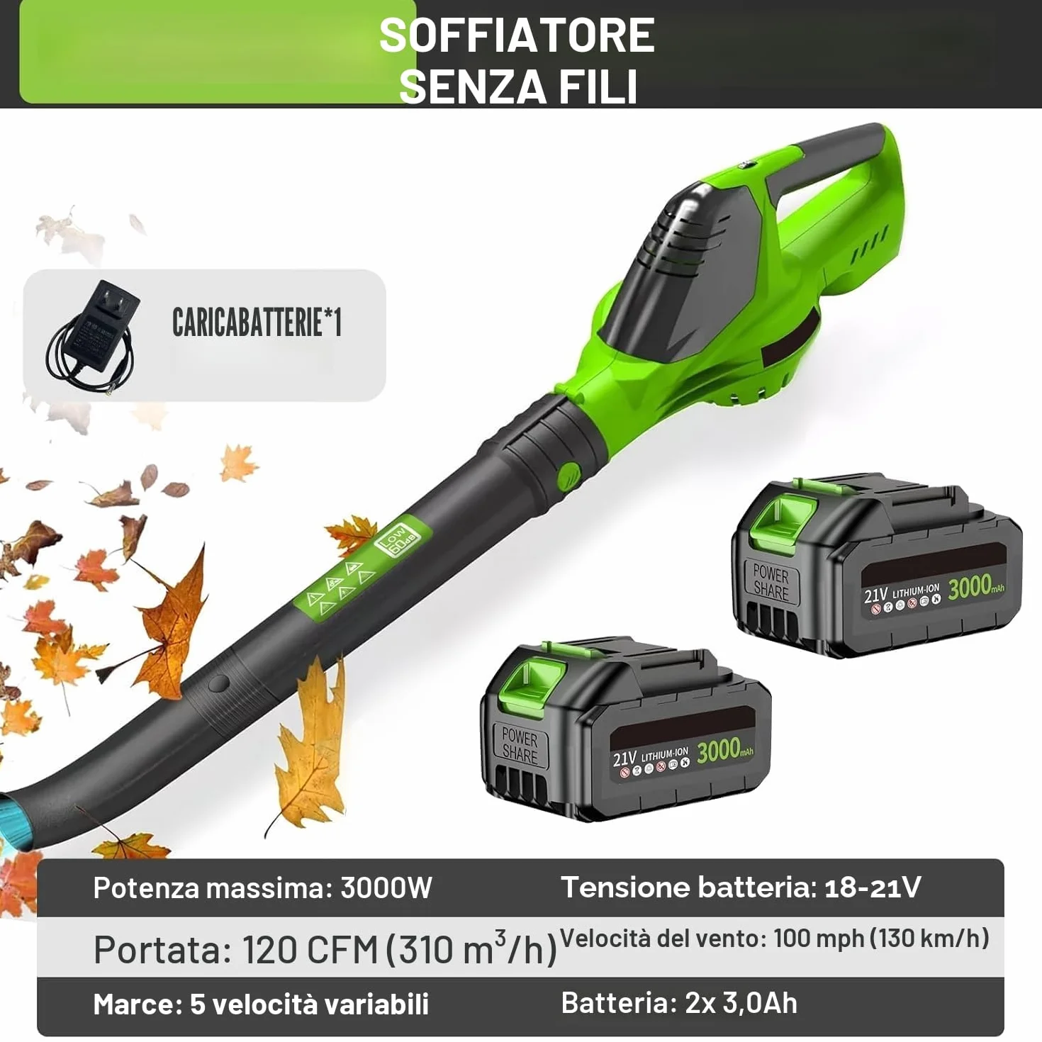 Soffiatore a Batteria 21V, Soffiatore Foglie con Batteria 3,0 Ah, 120CFM/100MPH, 5 Velocità, Soffiatore a Foglie Senza Fili per la Manutenzione del Prato, Rimozione della Neve e Pulizia (2 Batterie)