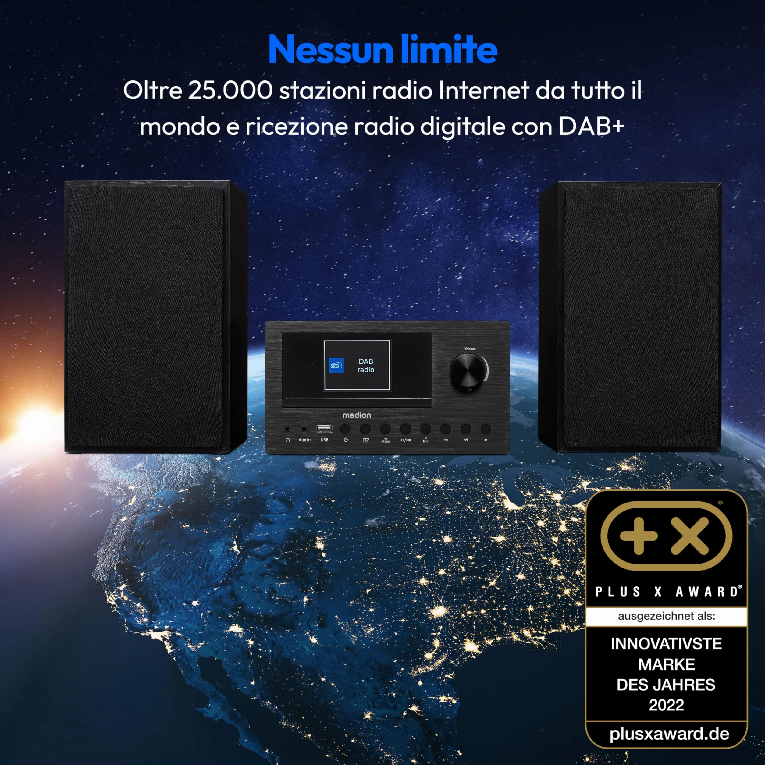 MEDION P85003 Micro Audio System Radio Internet Dab+ FM Bluetooth USB AUX 2x150 W Nero