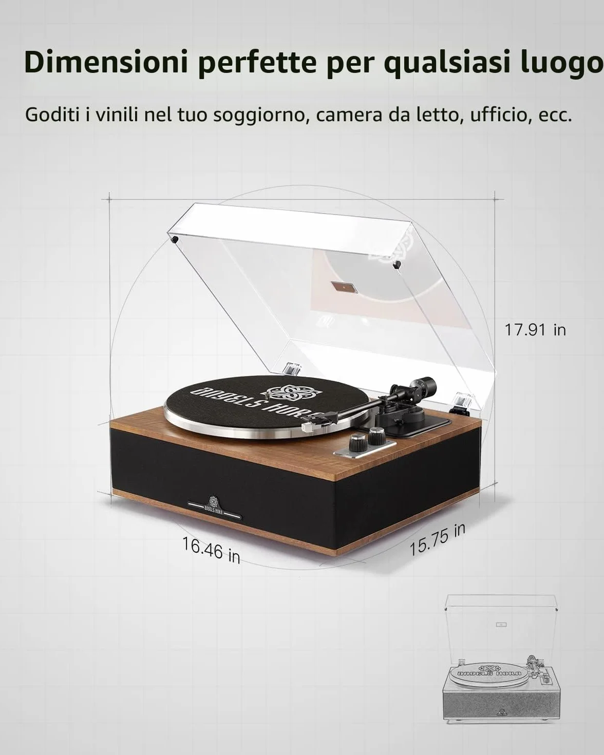 ANGELS HORN Giradischi in vinile Bluetooth HiFi con altoparlanti e preamplificatore Phono integrato 33/45 giri/min pickup AT-3600L