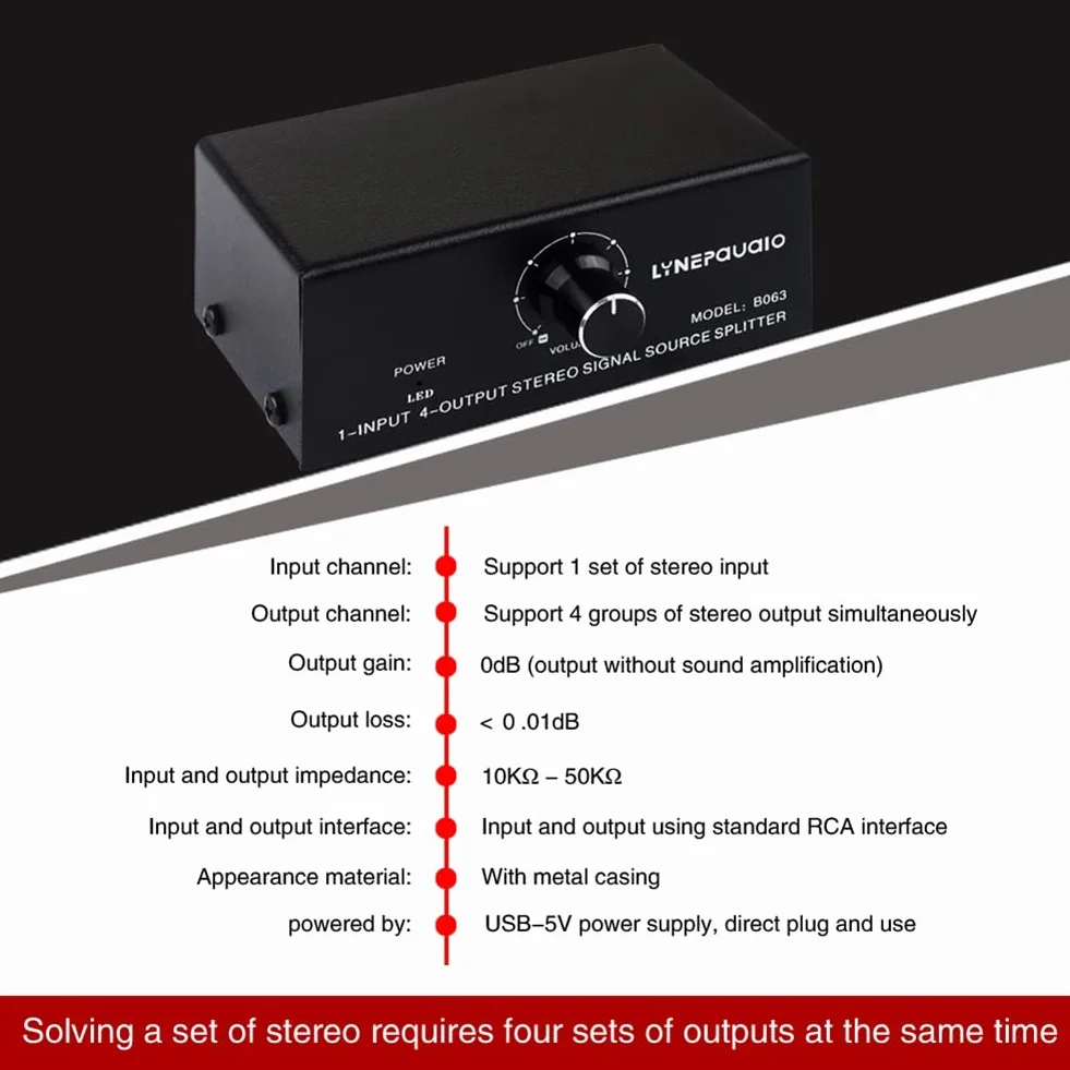 Separatore di sorgente segnale stereo 1 in 4 uscite audio RCA
