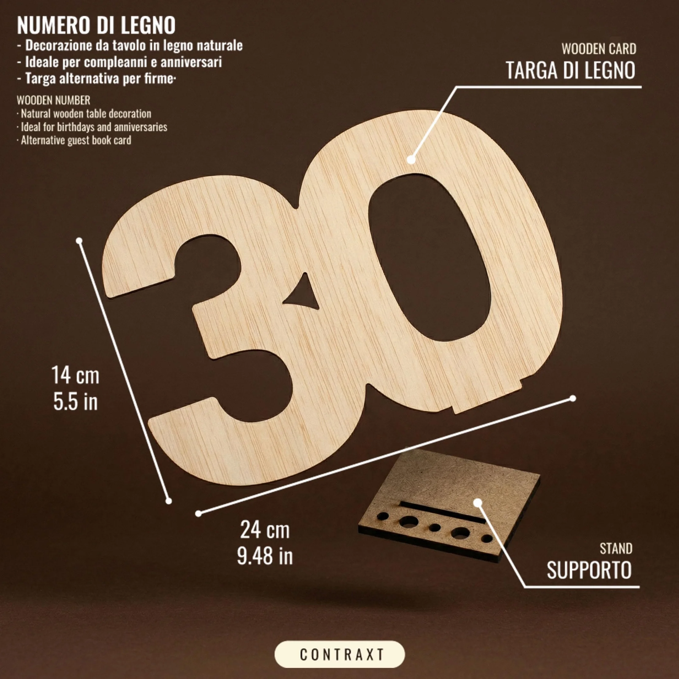 CONTRAXT Biglietto Auguri 30 Anni legno, Idee regalo Compleanno donna uomo