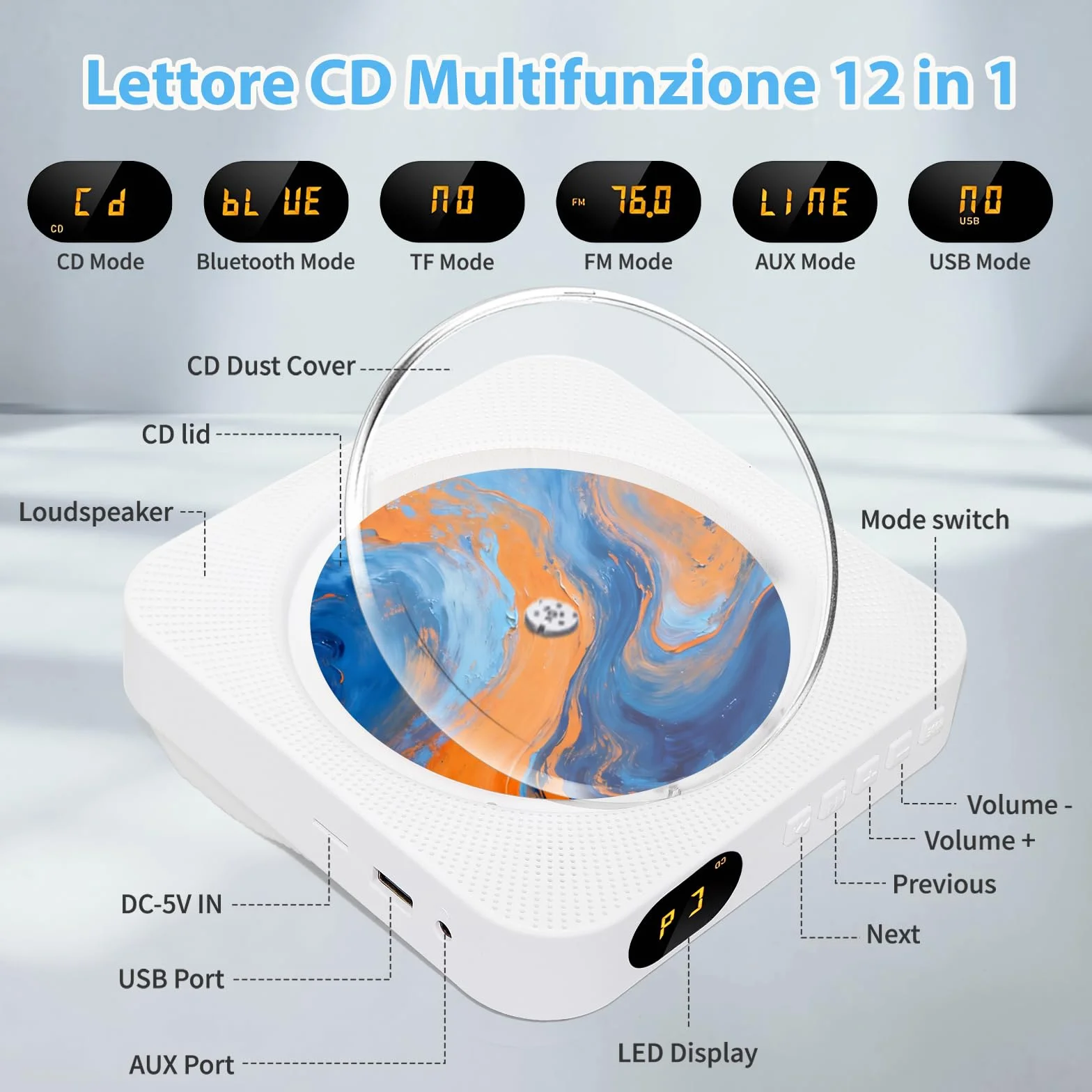 Lettore CD Portatile Bluetooth 5.1 con Altoparlanti, Radio FM USB/AUX, Bianco