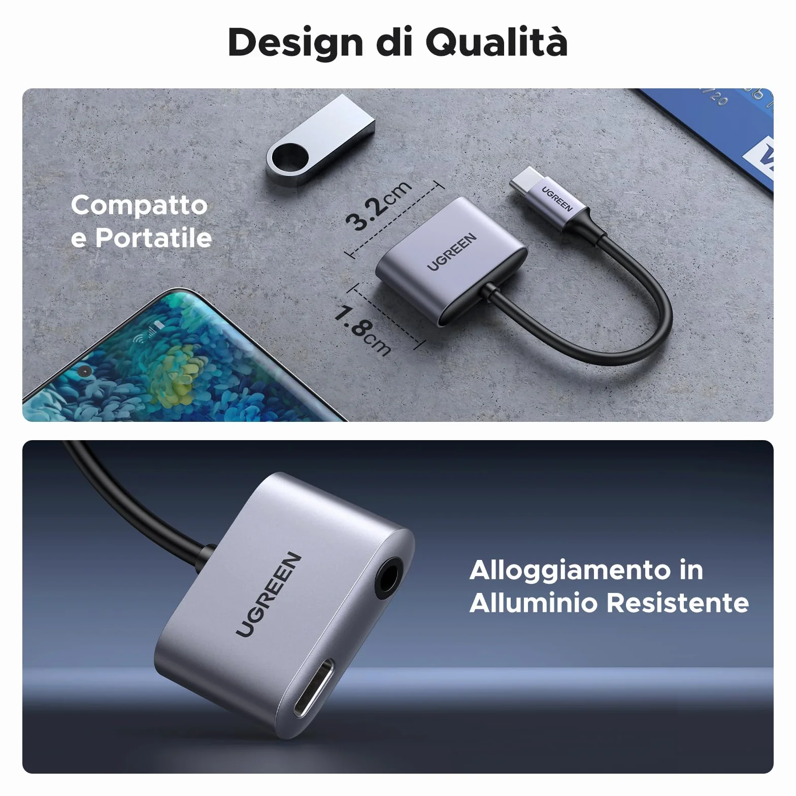 UGREEN Adattatore USB C a Jack 3,5 mm Ricarica Rapida PD 30W Chip DAC per Cuffie Tipo C
