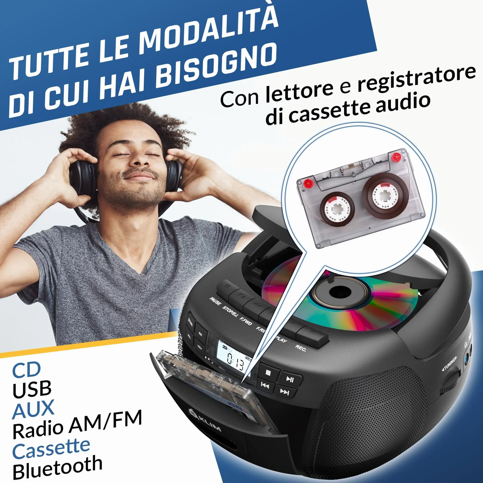 KLIM Lettore CD Custodia Stereo Cassette AM/FM Radio Bluetooth USB AUX AC/DC