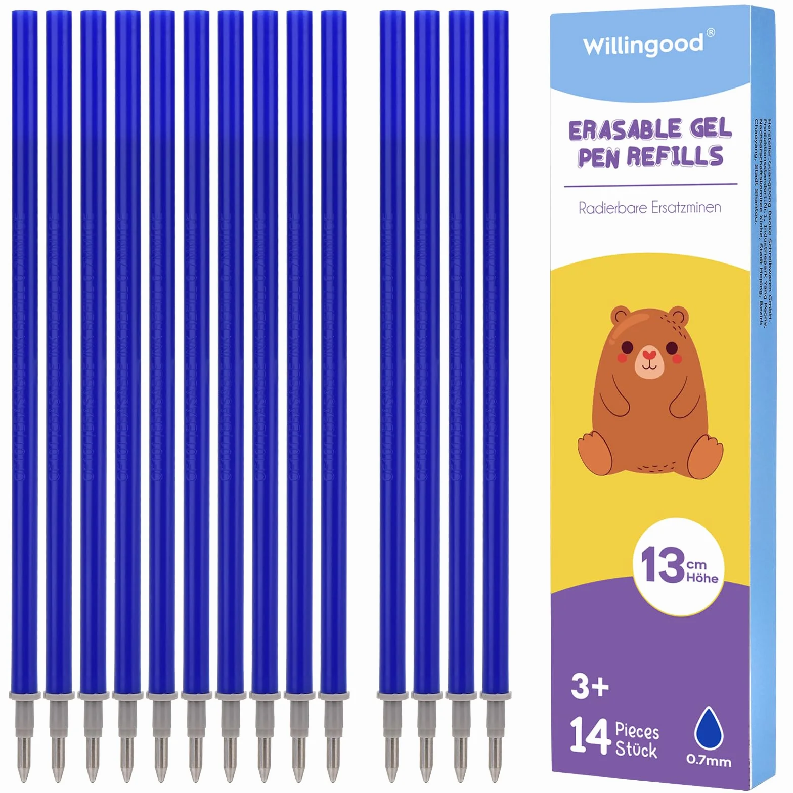 Willingood Refill per Penna Gel Cancellabile 14 Pezzi Blu 0,7 mm Inchiostro Termosensibile